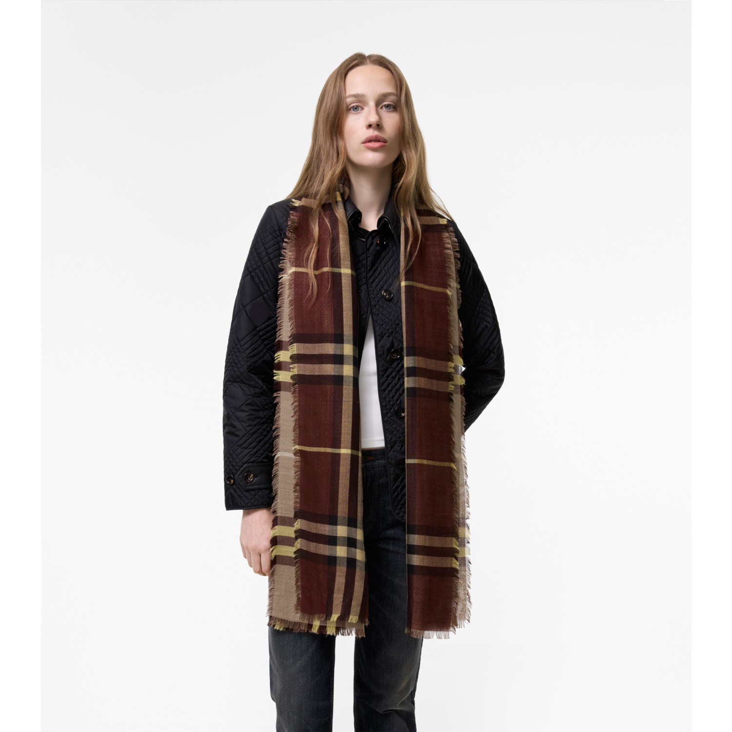 Wide Reversible Check Wool Silk Scarf in Vineyard red | Burberry® Official