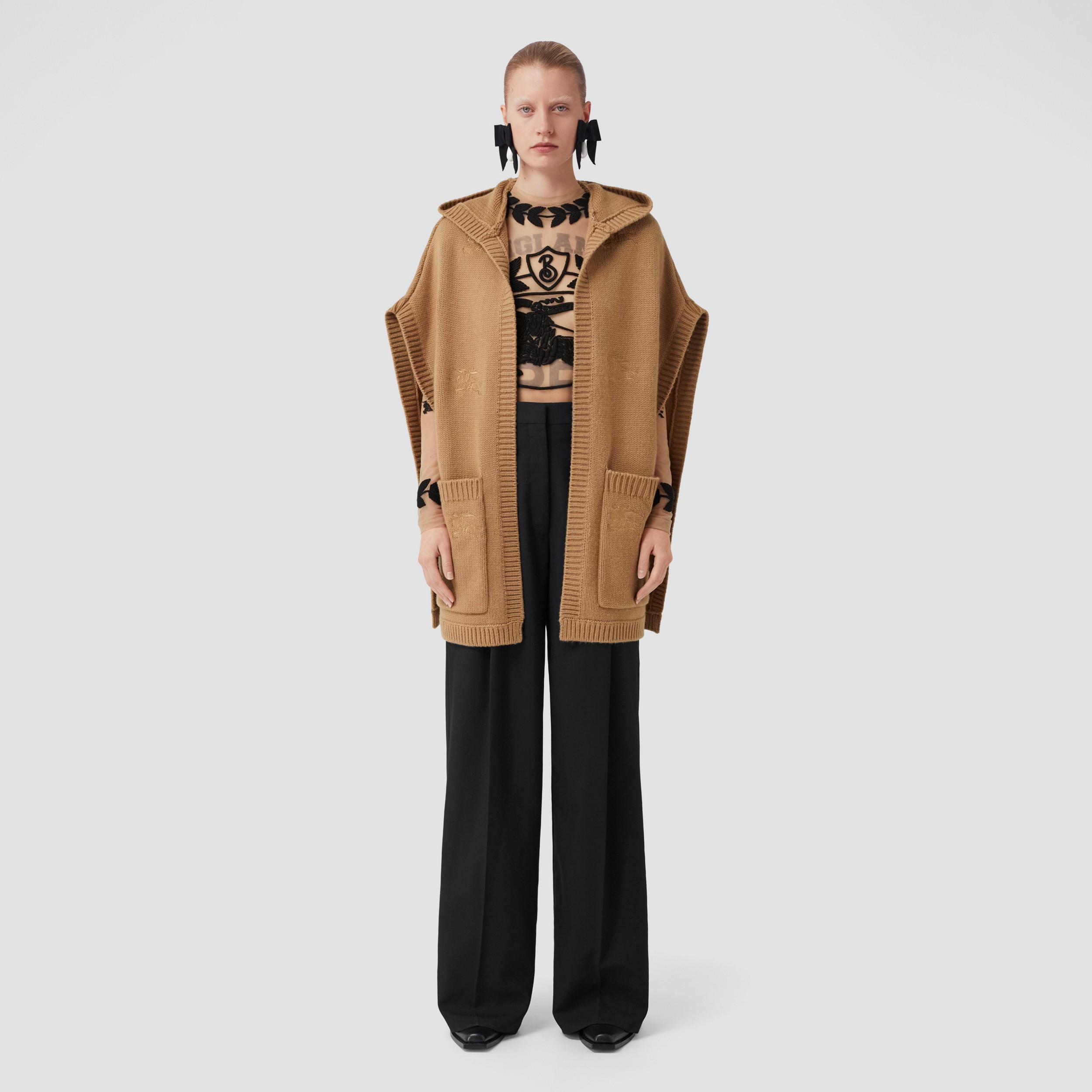 Embroidered EKD Wool Cashmere Hooded Cape in Camel - Women | Burberry® Official - 1