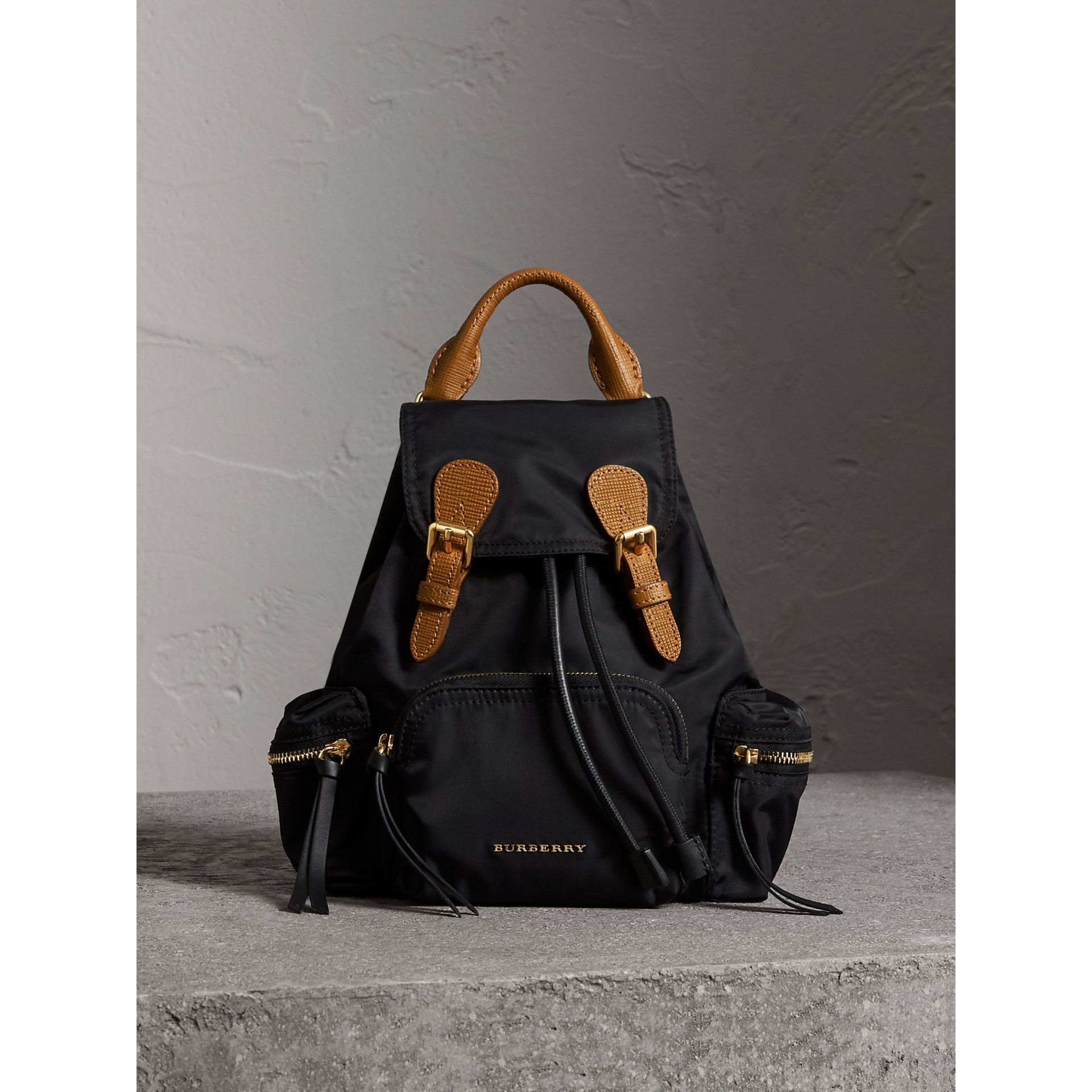 The Small Rucksack Backpack in Technical Nylon and Leather Black Burberry