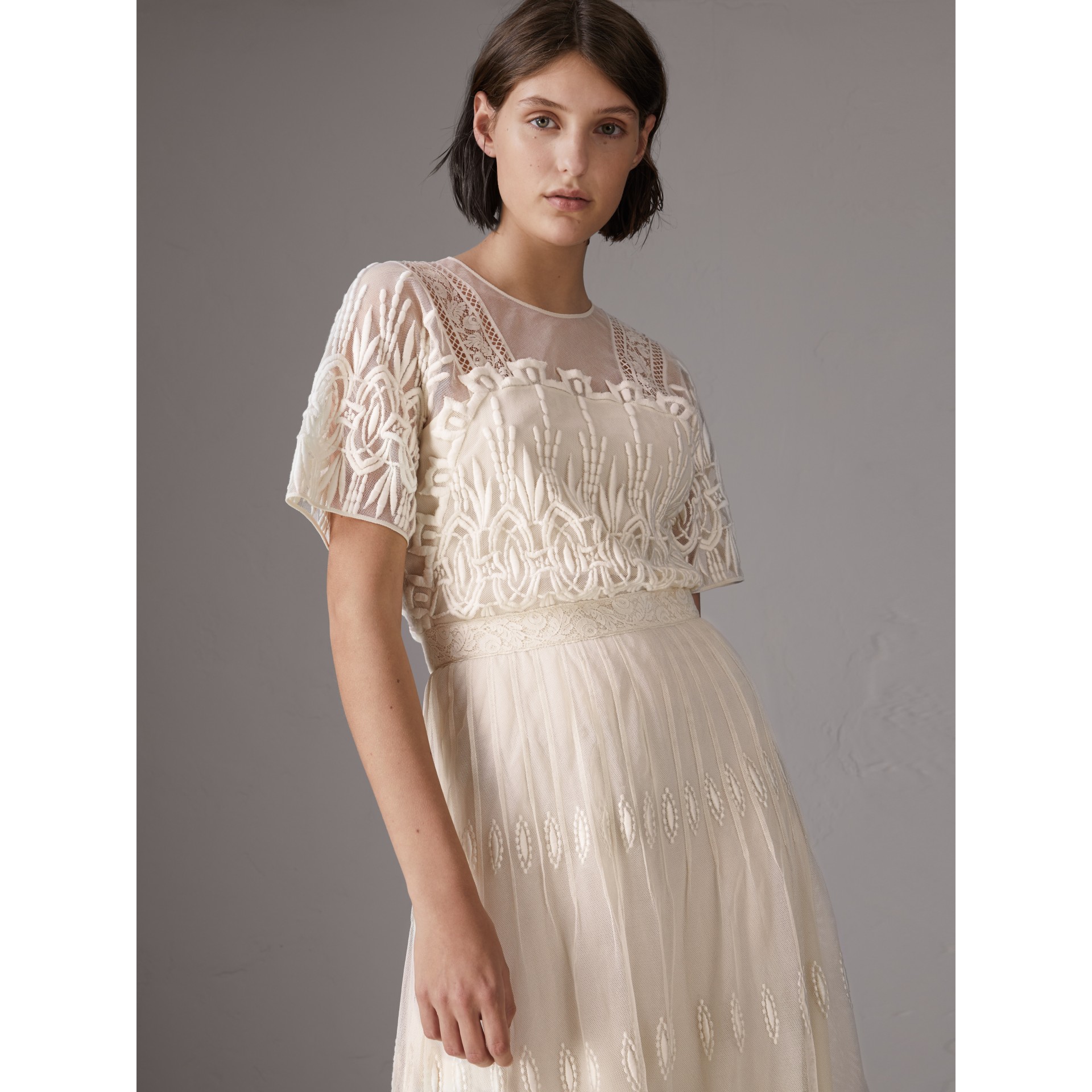 appliquéd embroidered tulle gown in white