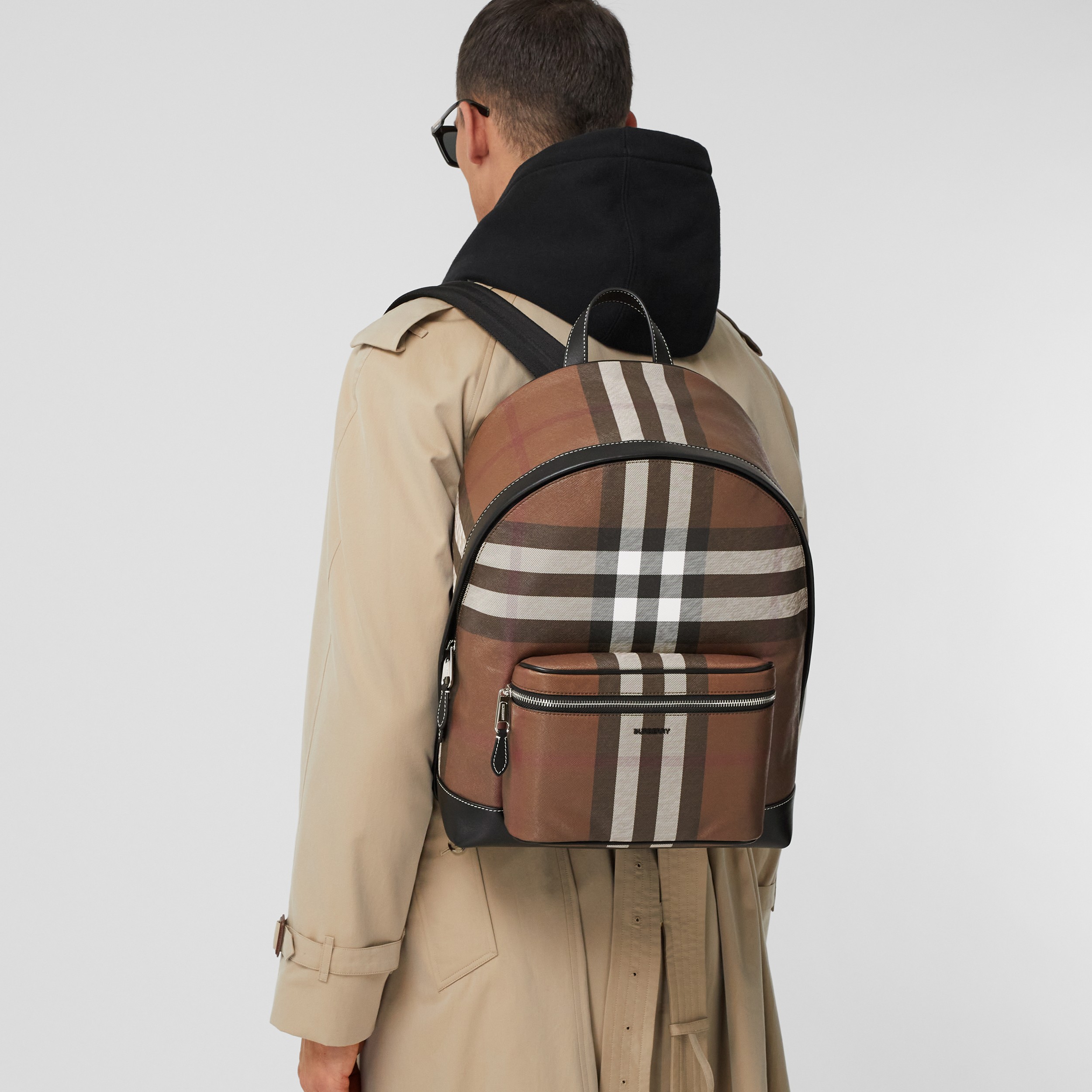 Check and Leather Backpack in Dark Birch Brown - Men | Burberry® Official - 3