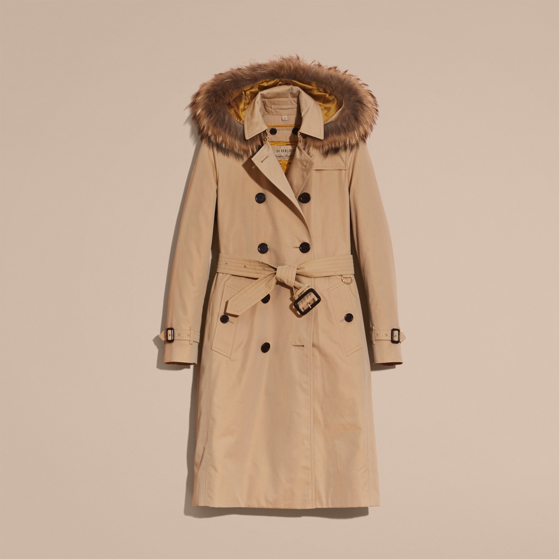 Furtrimmed Hood Trench Coat with Detachable Warmer in Honey Women