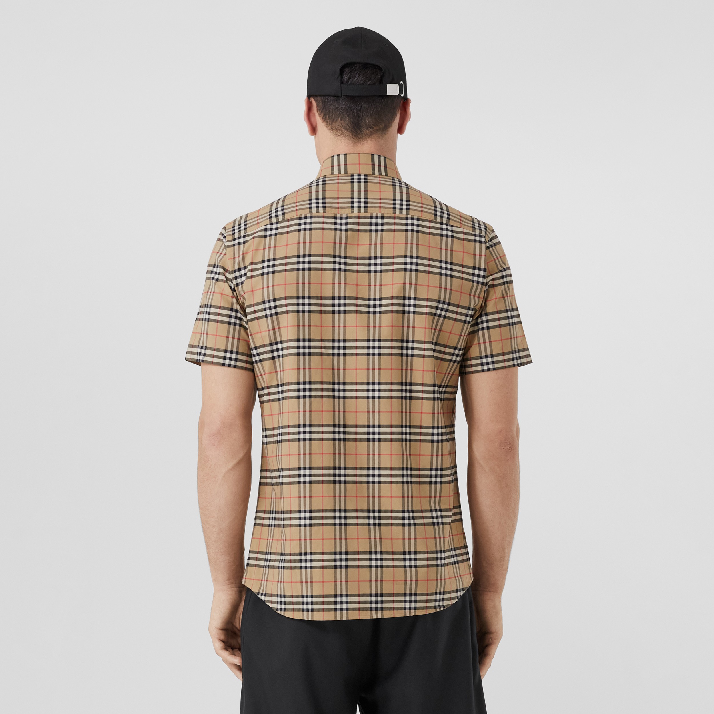 Short-sleeve Small Scale Check Stretch Cotton Shirt in Archive Beige - Men | Burberry® Official - 3