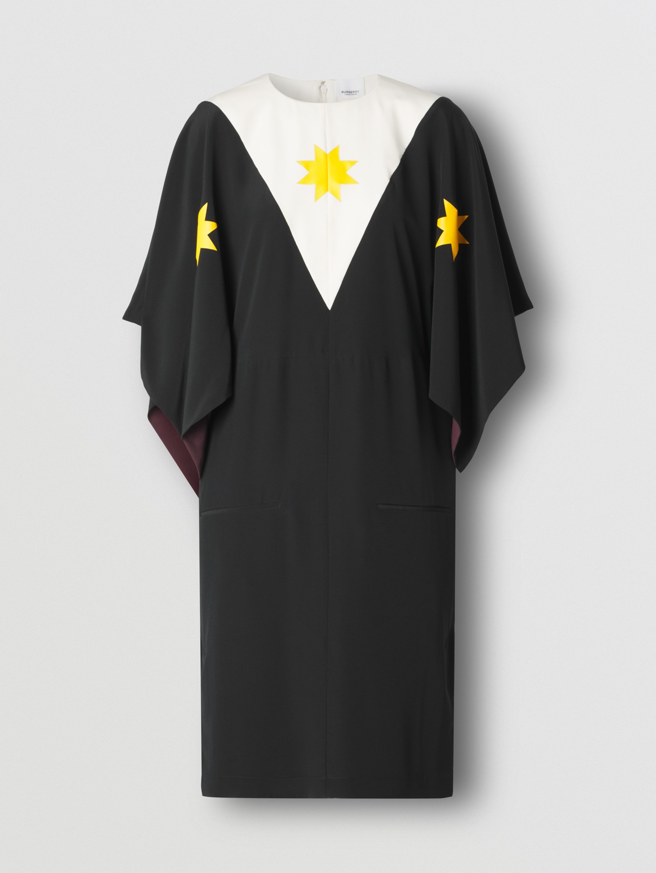 Cape Sleeve Geometric Print Silk Crepe de Chine Dress in Black