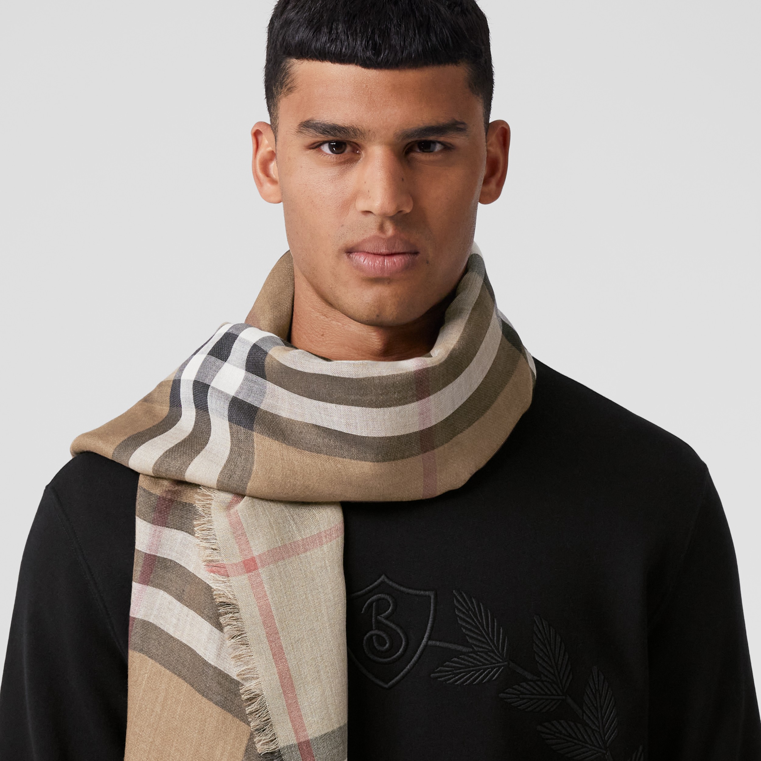 Check Lightweight Wool Silk Scarf in Archive Beige | Burberry® Official