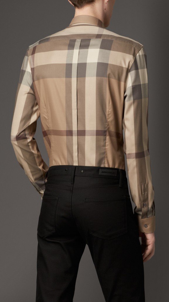 Slim Fit Check Cotton Shirt in Smoked Trench - Men | Burberry United States