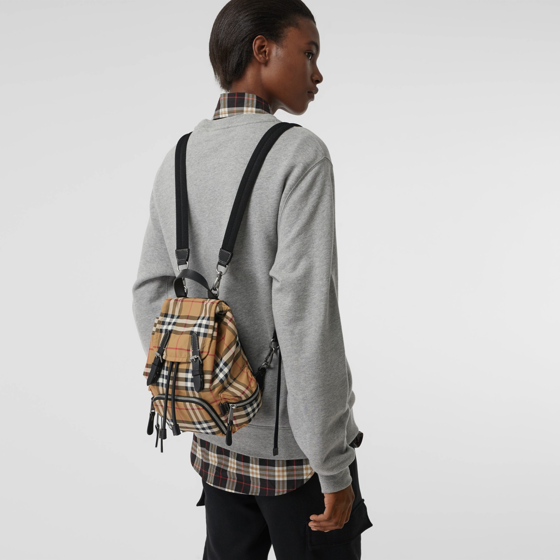The Small Crossbody Rucksack in Vintage Check in Antique Yellow Women Burberry Canada