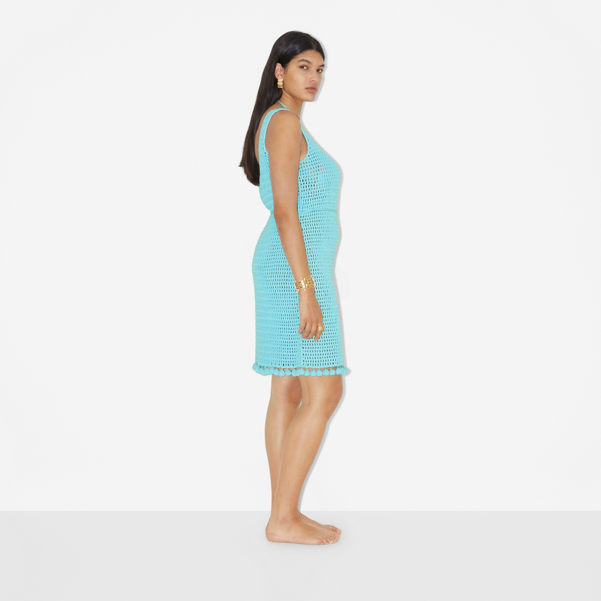 Crochet Technical Cotton Dress in Bright Topaz Blue - Women | Burberry® Official - 3