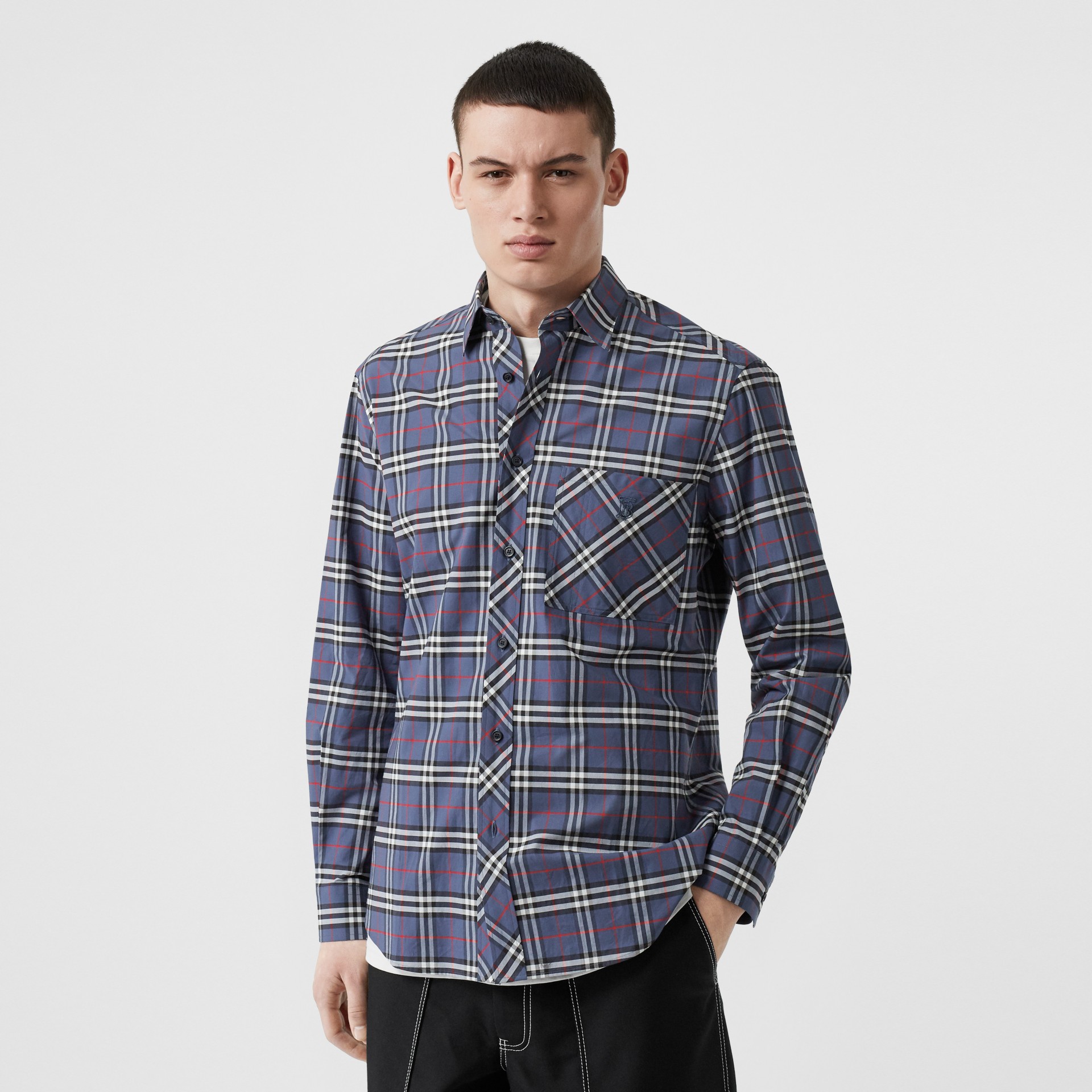 Small Scale Check Stretch Cotton Shirt in Carbon Blue - Men | Burberry ...