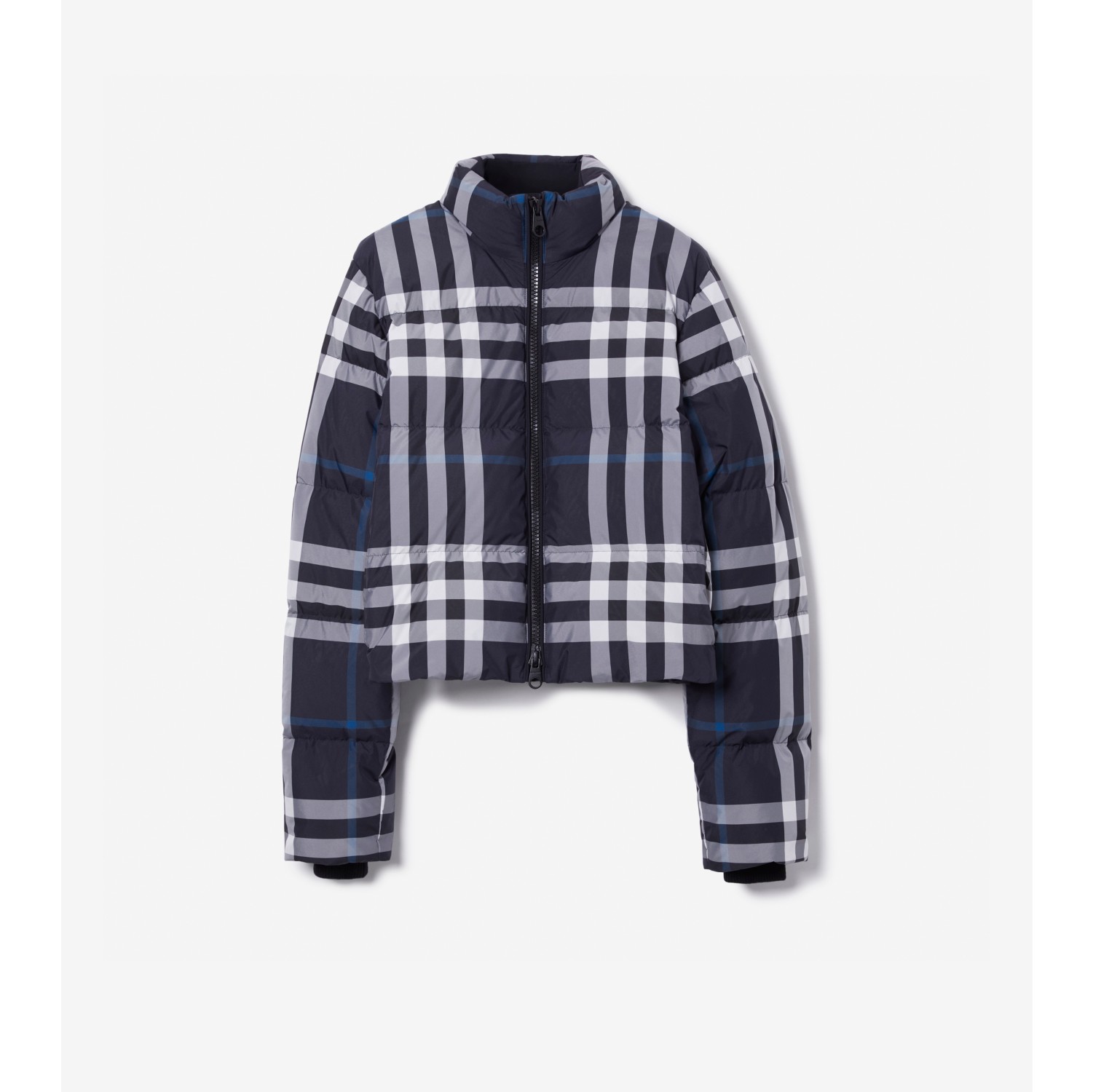 Check Cropped Puffer Jacket in Dark Charcoal Blue/white - Burberry