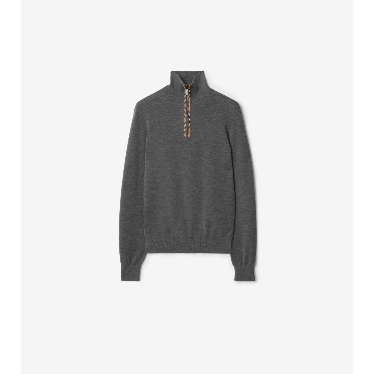  Check Trim Wool Half-zip Sweater