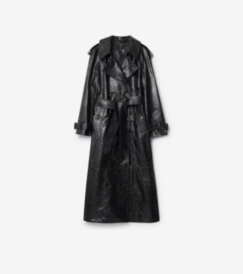 Long Embossed Leather Trench Coat in Silhouette black