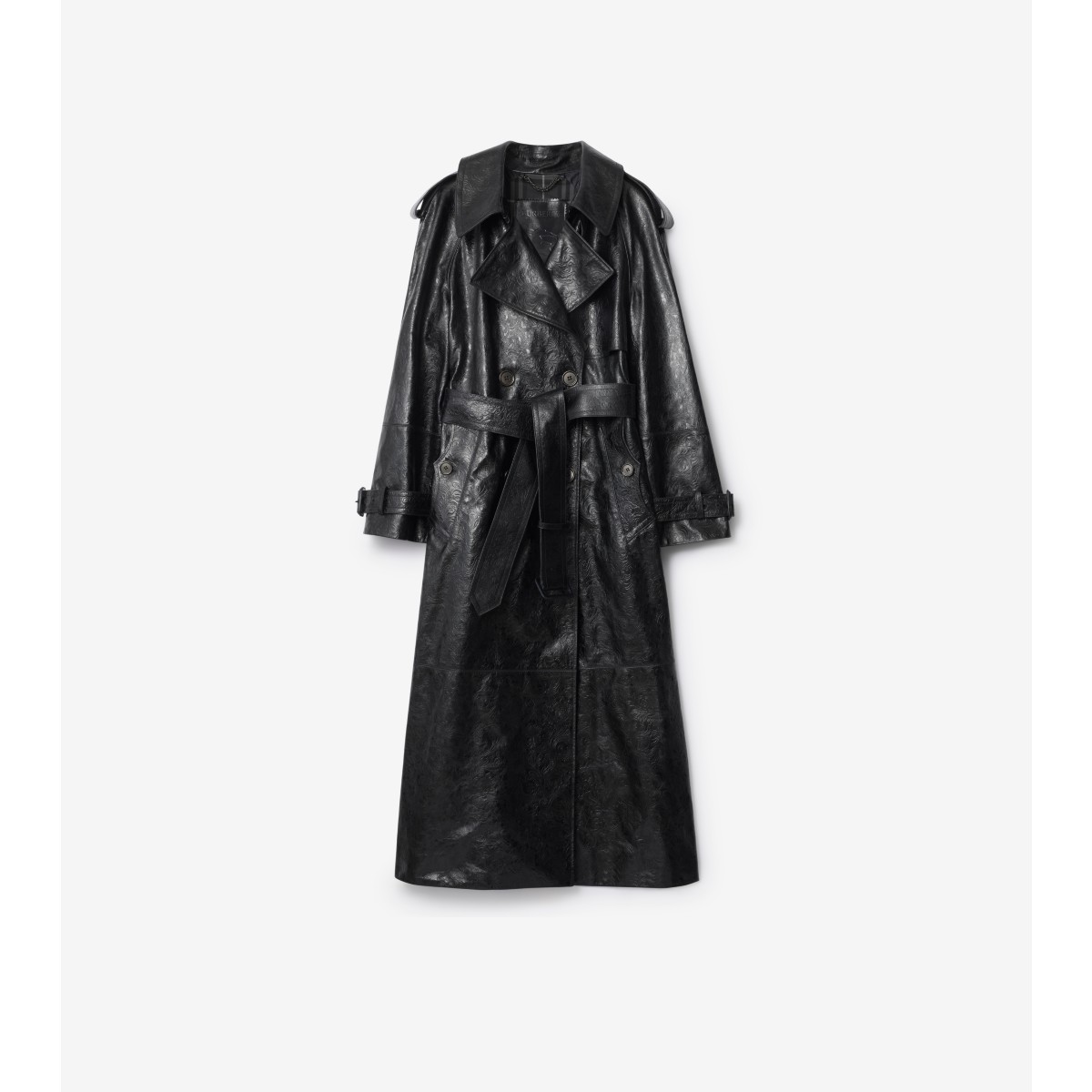  Check Long Embossed Leather Trench Coat