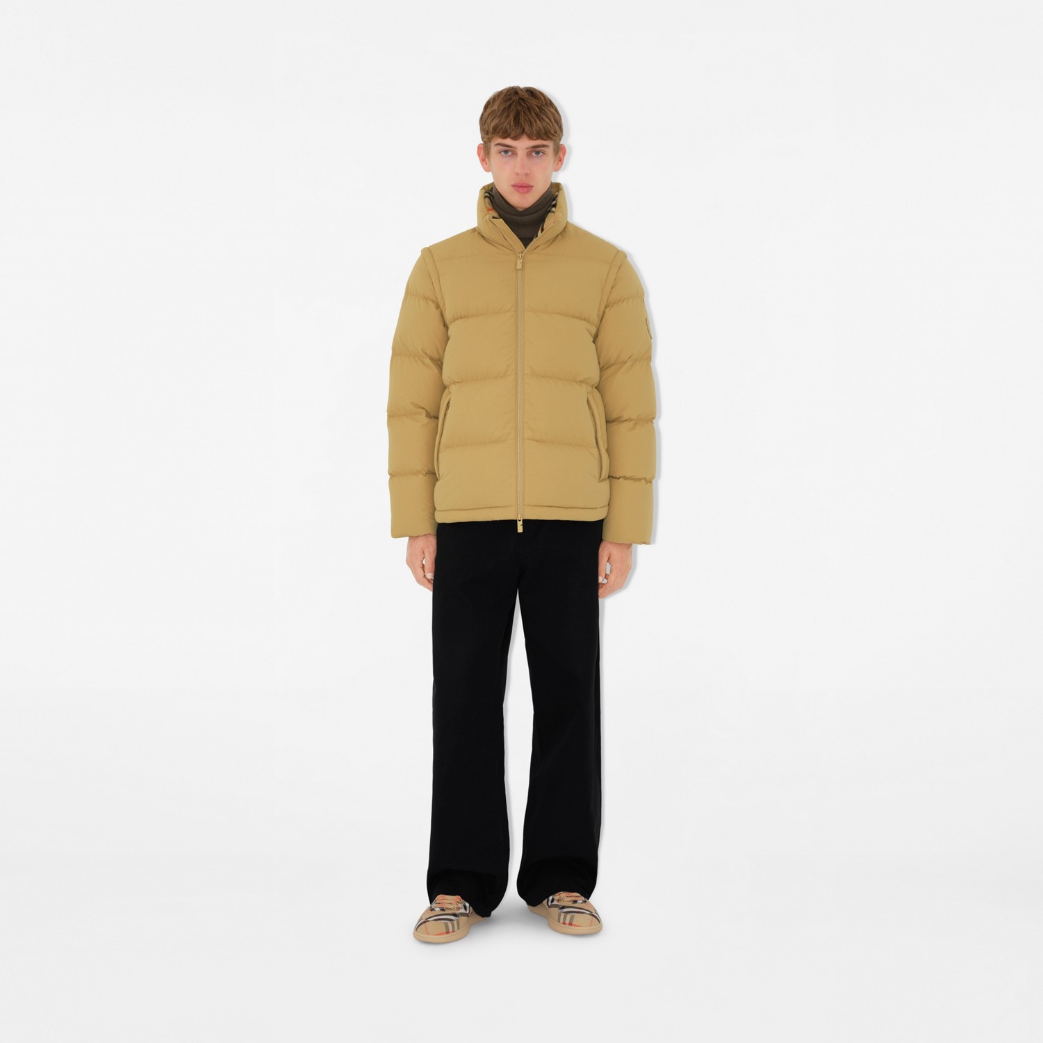 Detachable Sleeve Nylon Puffer Jacket in Flax - Men Detachable Sleeve Nylon Puffer Jacket in Flax - Men