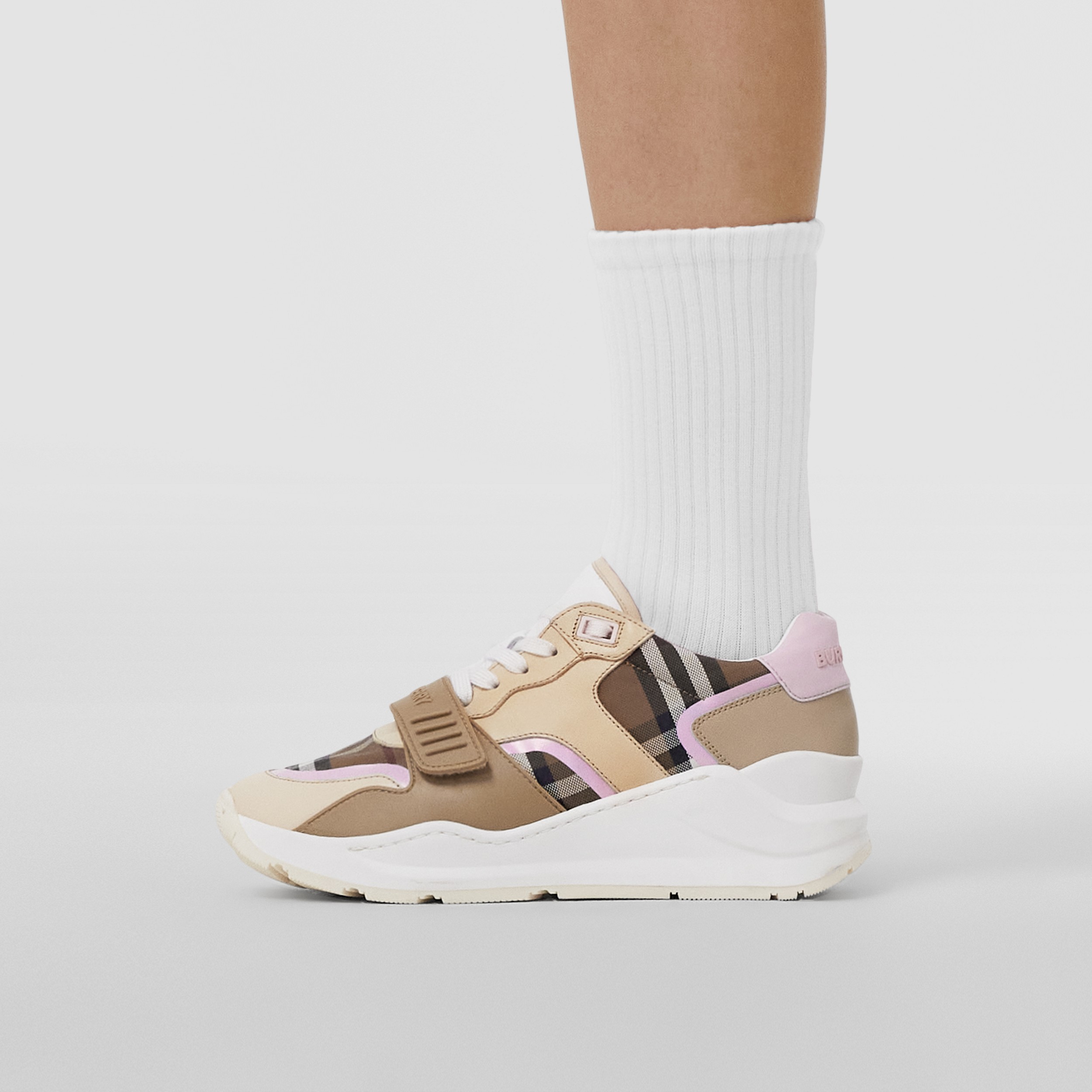 Check Cotton and Leather Sneakers in Birch Brown/pink - Women | Burberry® Official - 3