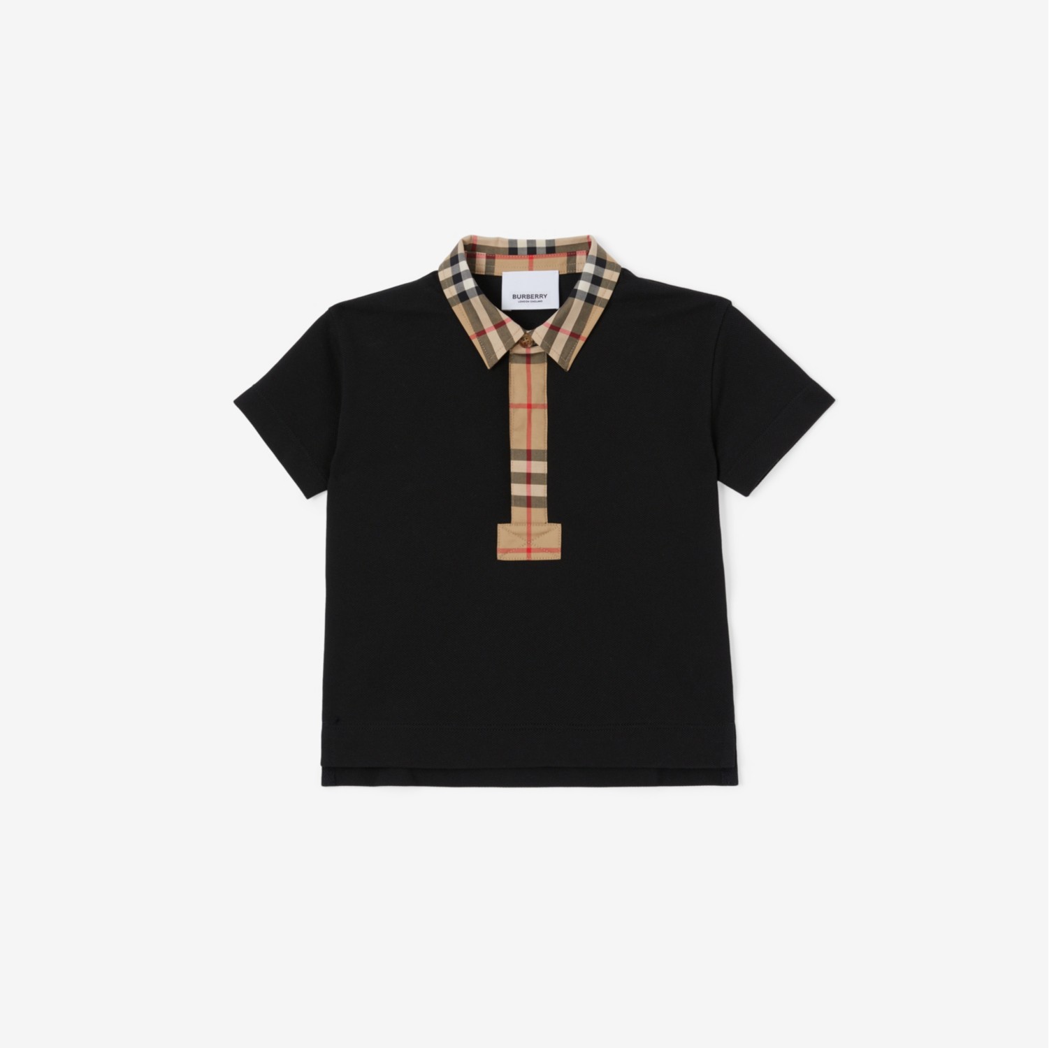 Vintage Check Trim Cotton Piqué Polo Shirt in Black - Children