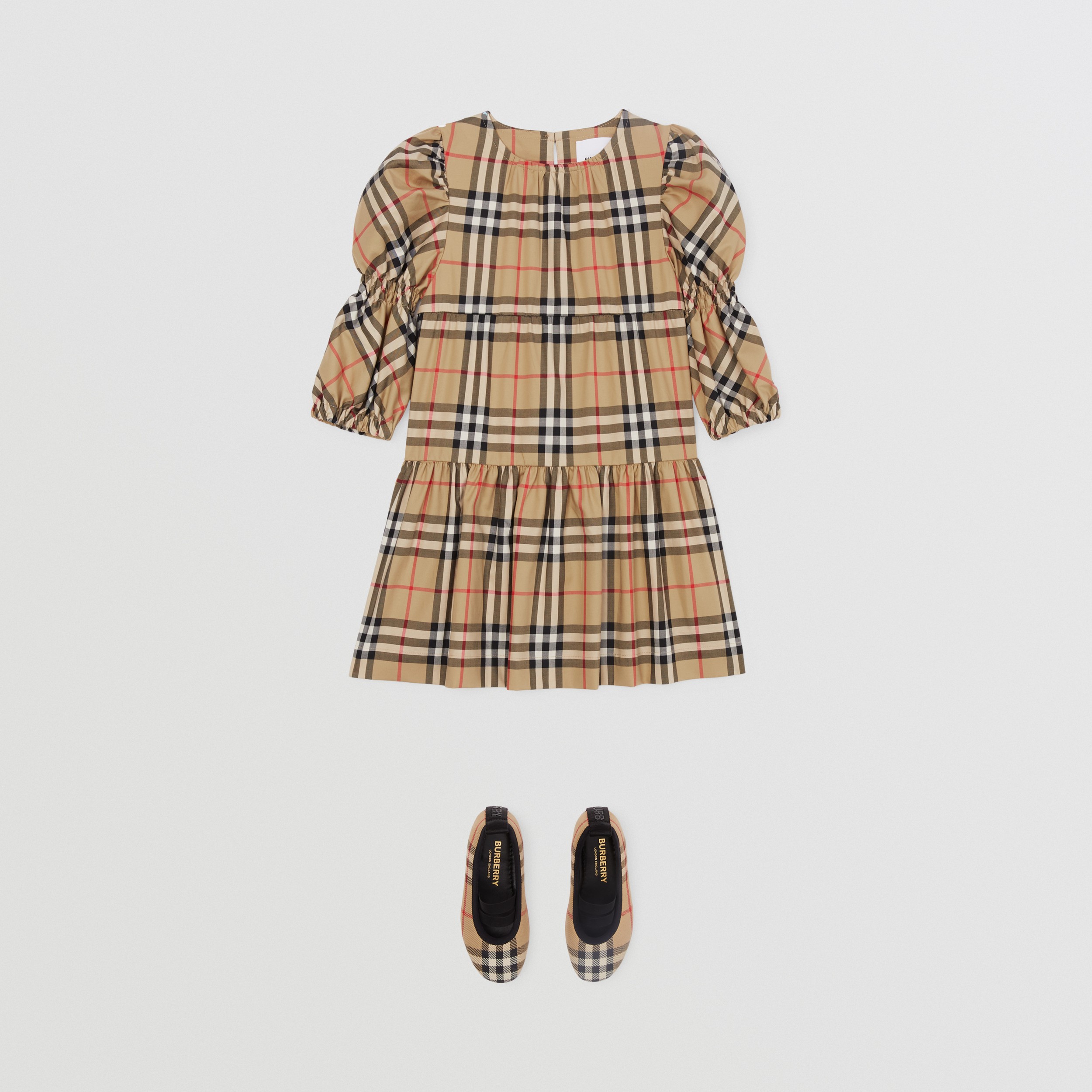Puff-sleeve Vintage Check Stretch Cotton Dress in Archive Beige - Children | Burberry® Official - 3