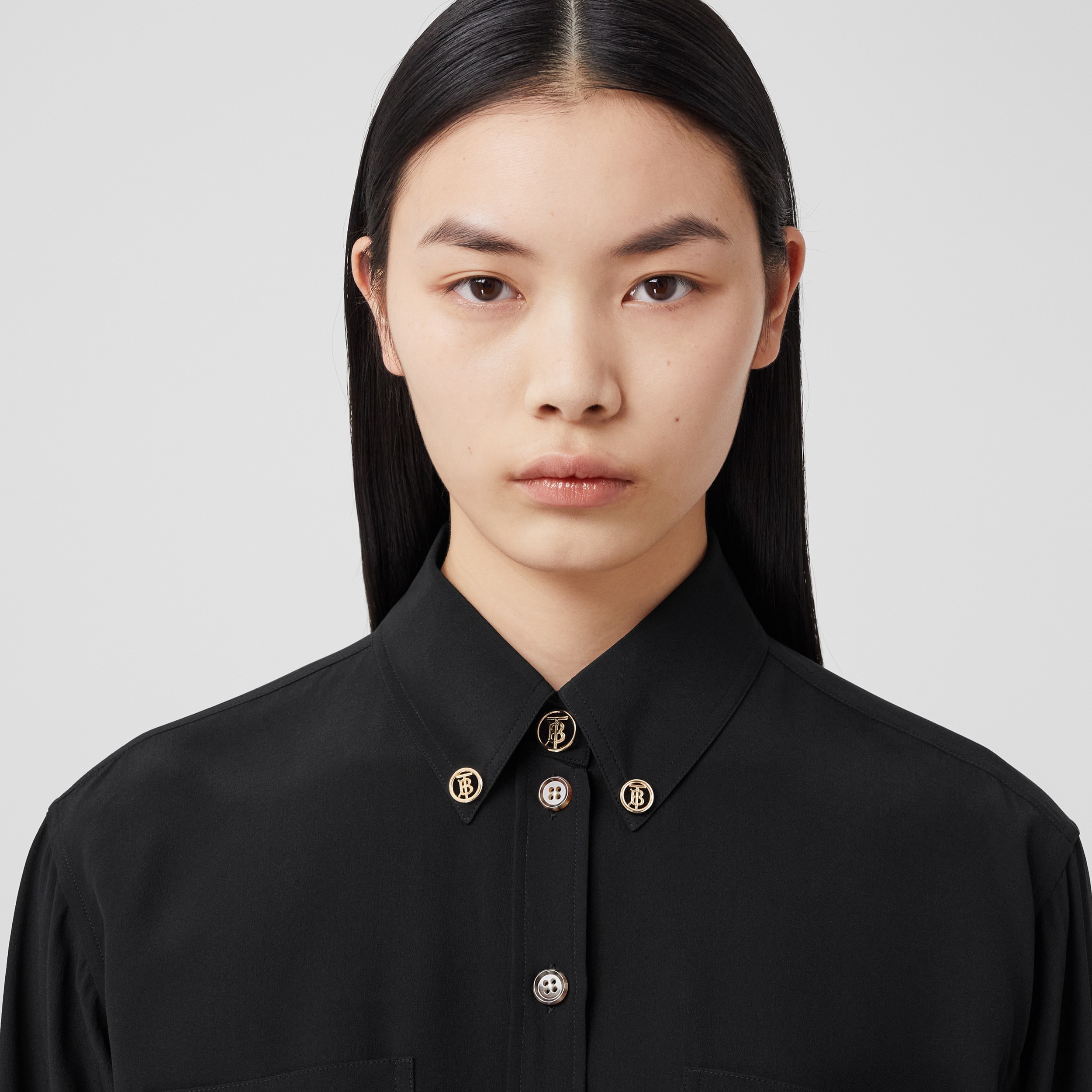 Monogram Motif Silk Oversized Shirt in Black - Women | Burberry® Official - 2