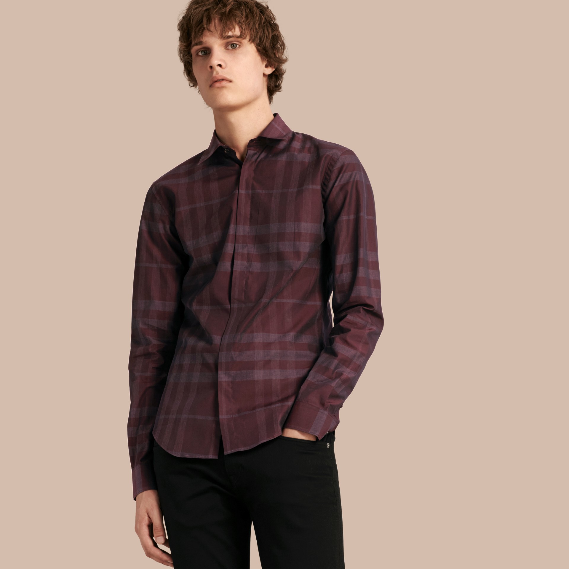 Check Cotton Shirt in Deep Burgundy - Men | Burberry United States