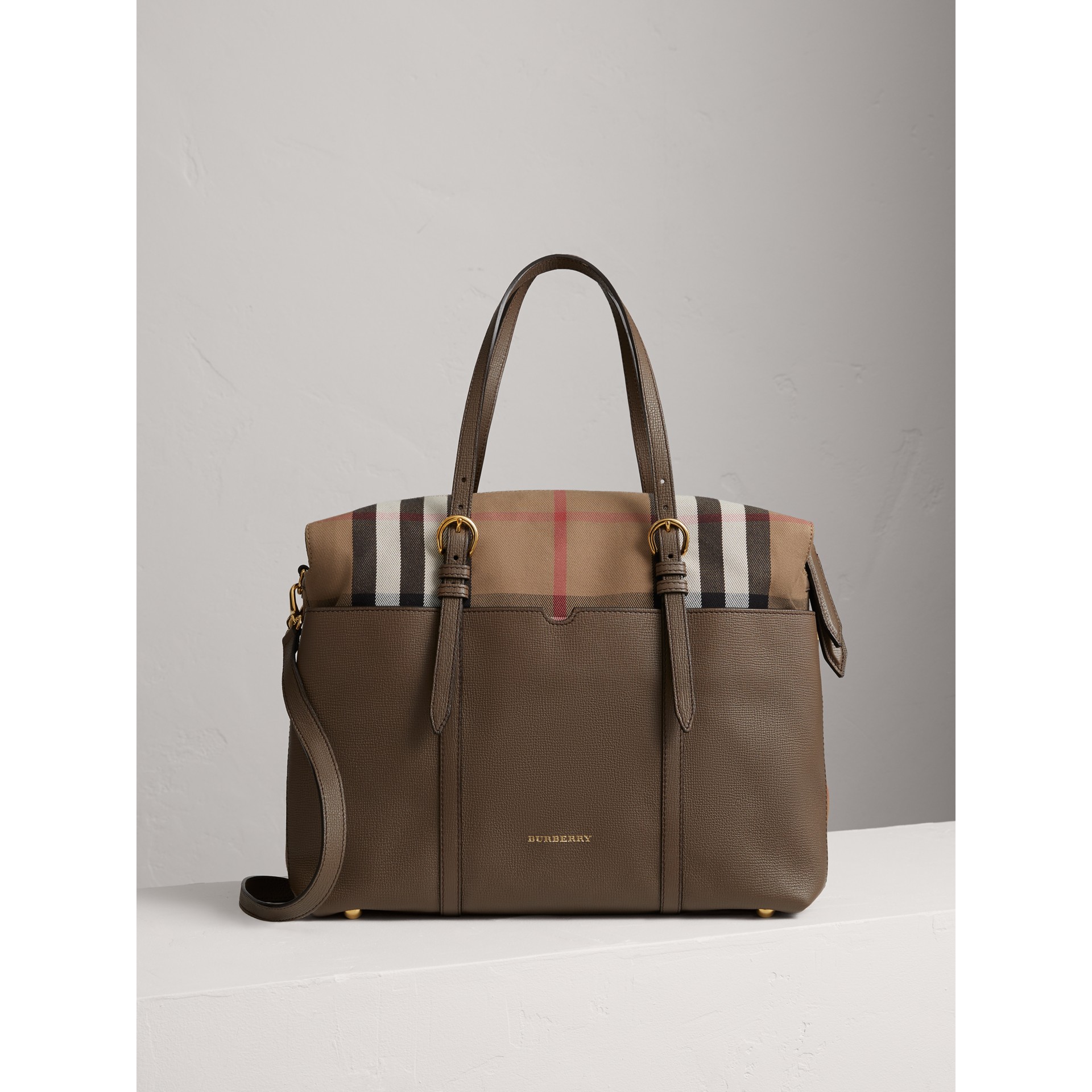 House Check and Leather Baby Changing Bag in Taupe Grey | Burberry ...