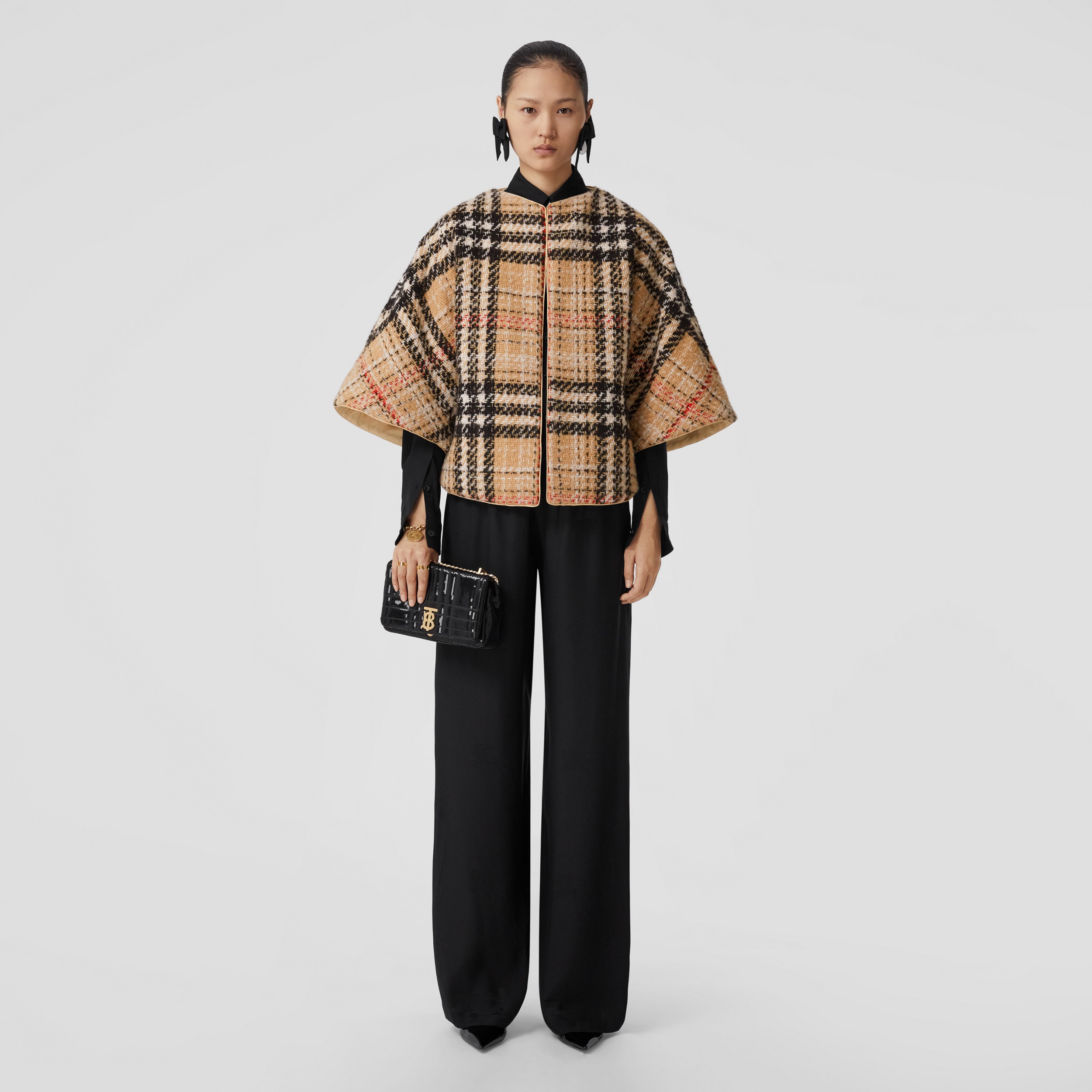 Exaggerated Check Cashmere Silk Tweed Cape in Archive Beige - Women | Burberry® Official - 2