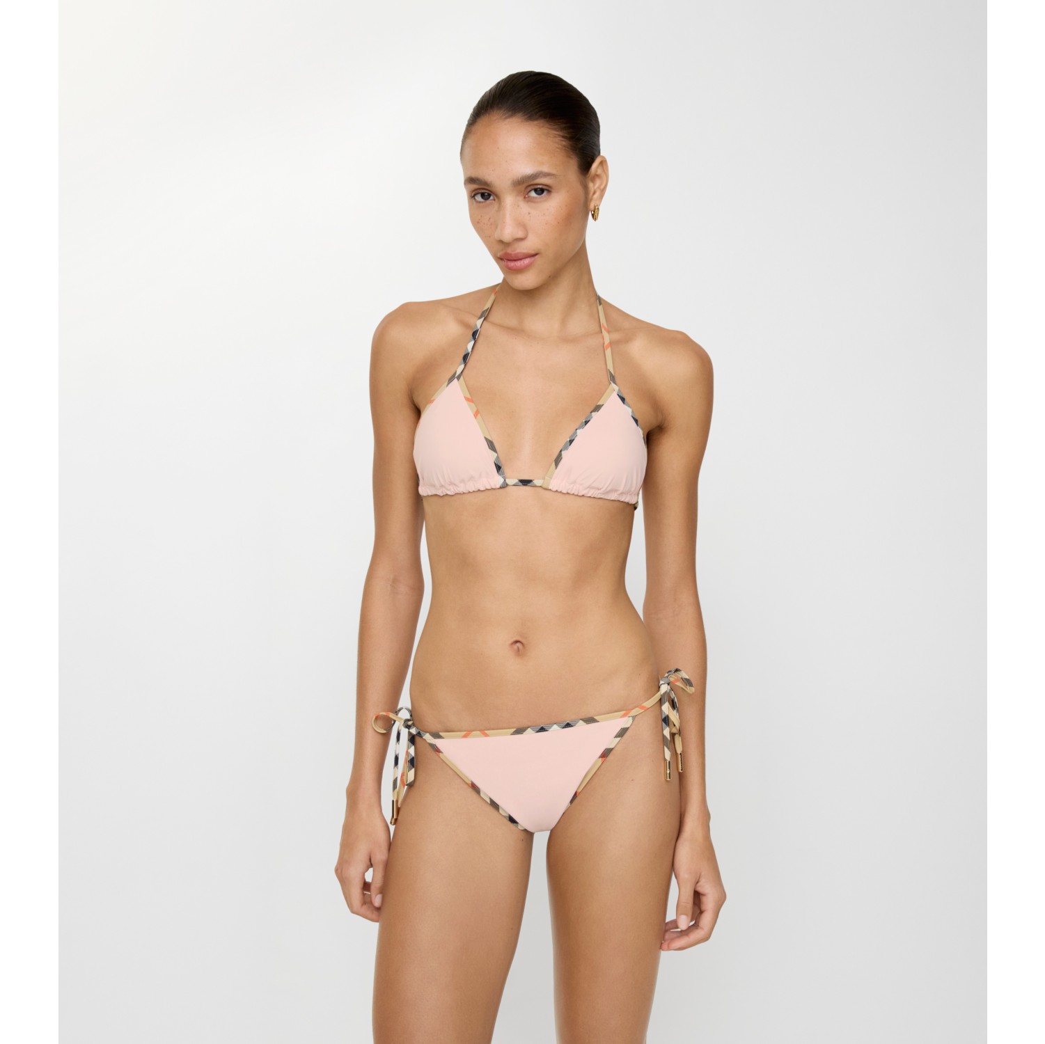 格纹饰边比基尼上衣