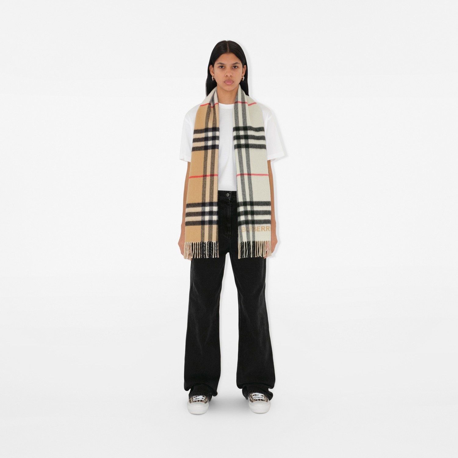 Contrast Check Cashmere Scarf in Archive beige/natural white Contrast Check Cashmere Scarf in Archive beige/natural white