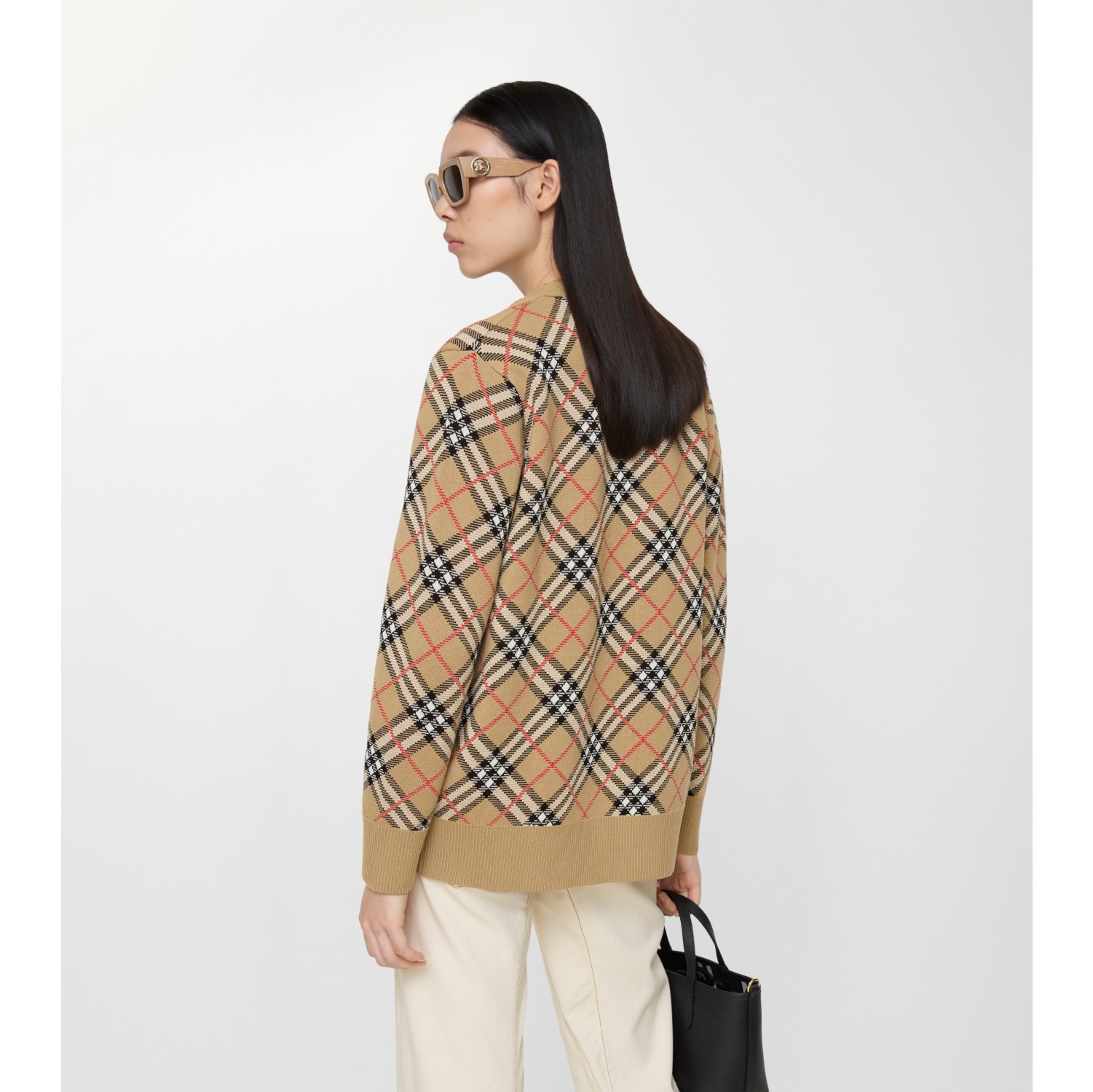 Check Cotton Wool Cardigan in Sand beige