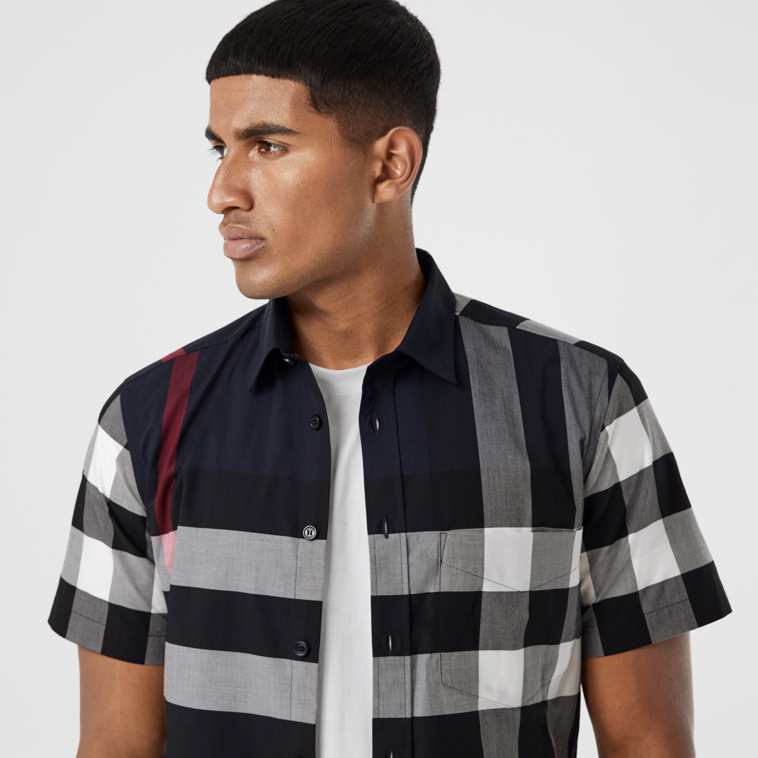 ショートスリーブ チェック ストレッチコットンポプリン シャツ ネイビー メンズ バーバリー