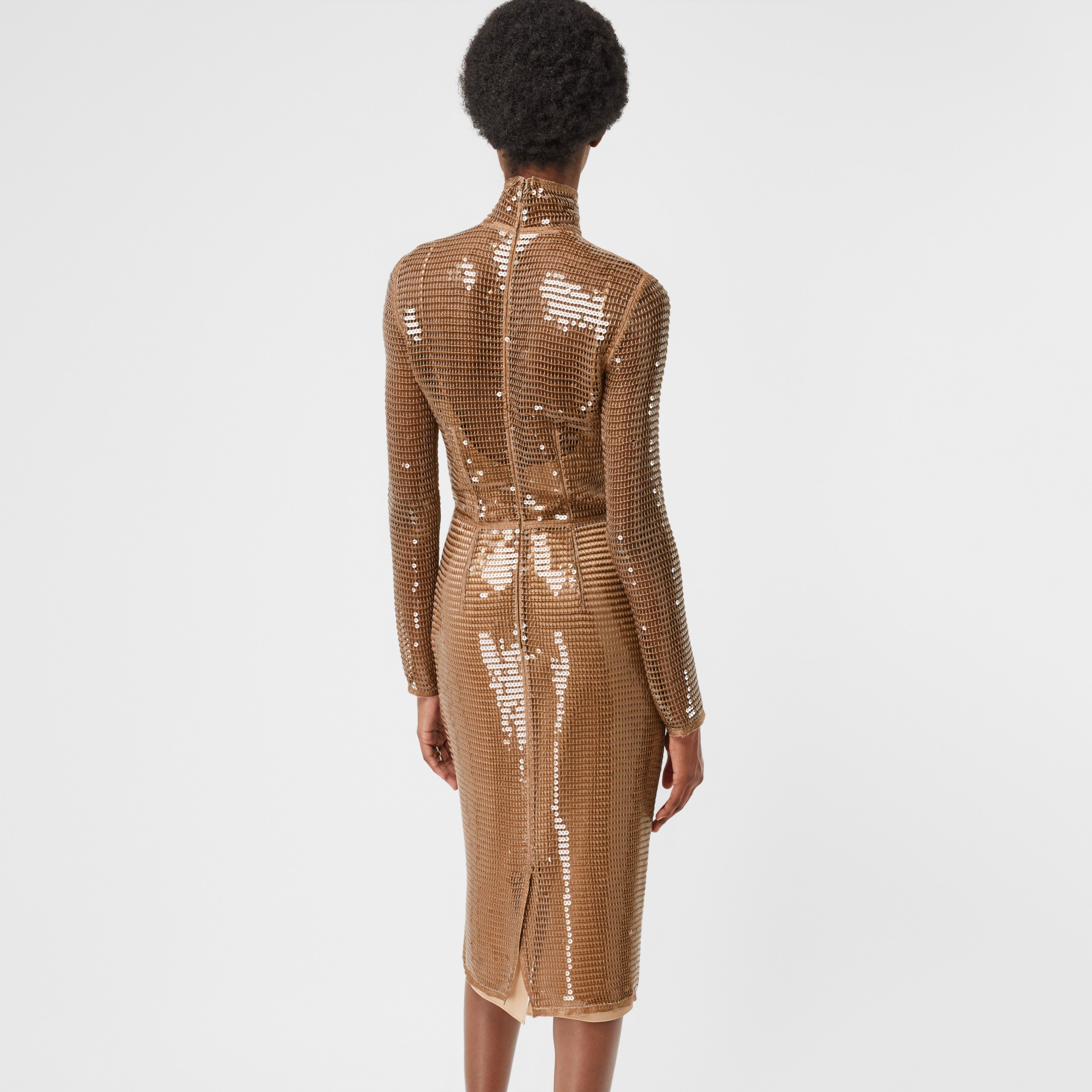 Sequinned Mesh and Silk Turtleneck Dress in Bronze - Women | Burberry ...