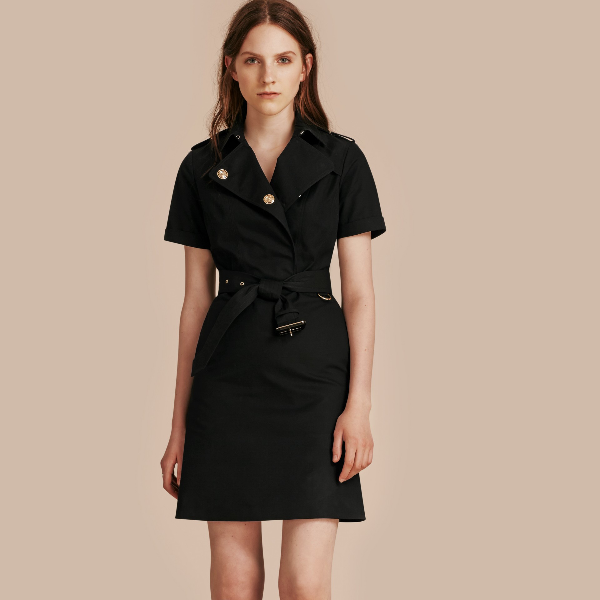 Short-sleeved Cotton Gabardine Trench Dress in Black - Women | Burberry ...