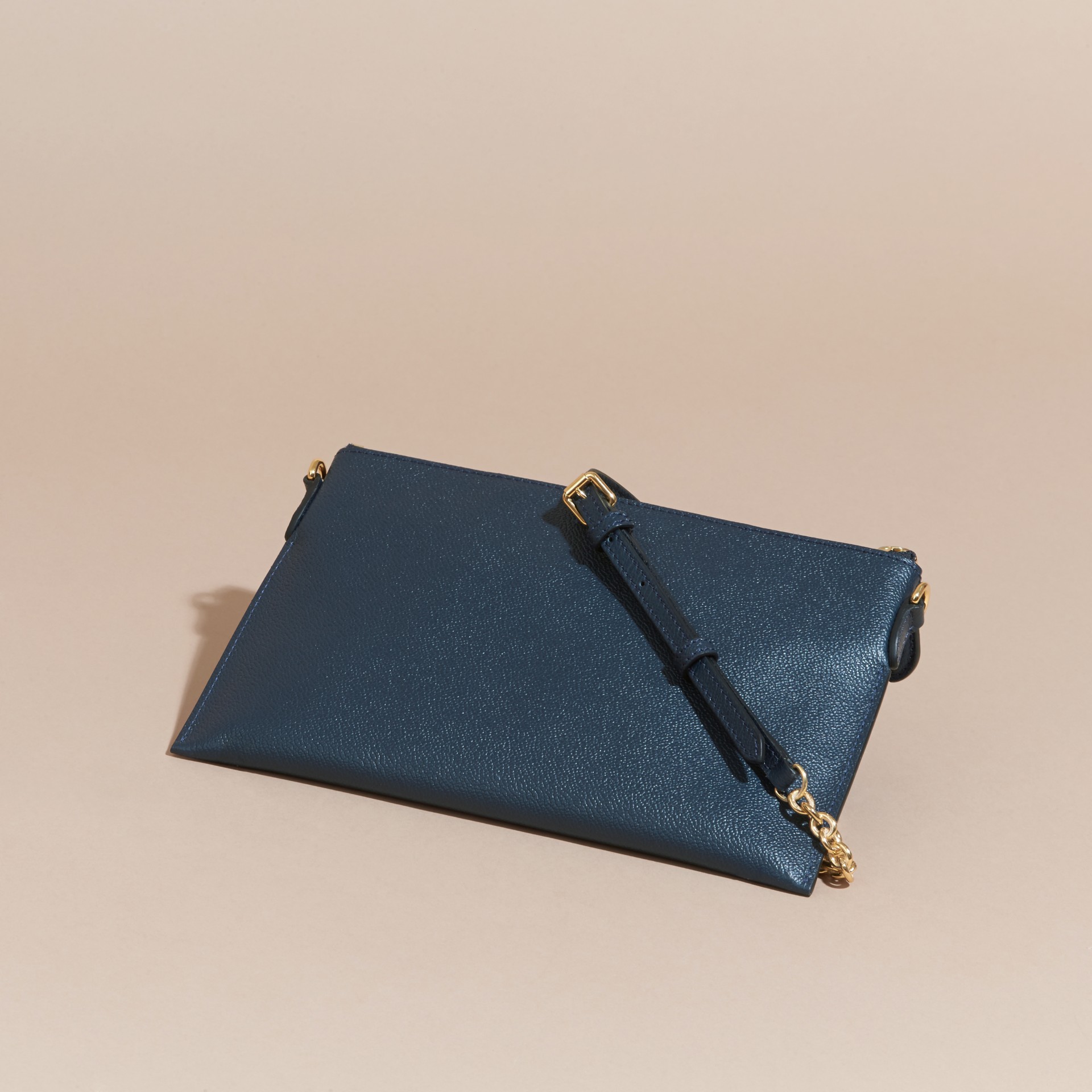 Leather Clutch Bag with Check Lining in Blue Carbon Women Burberry