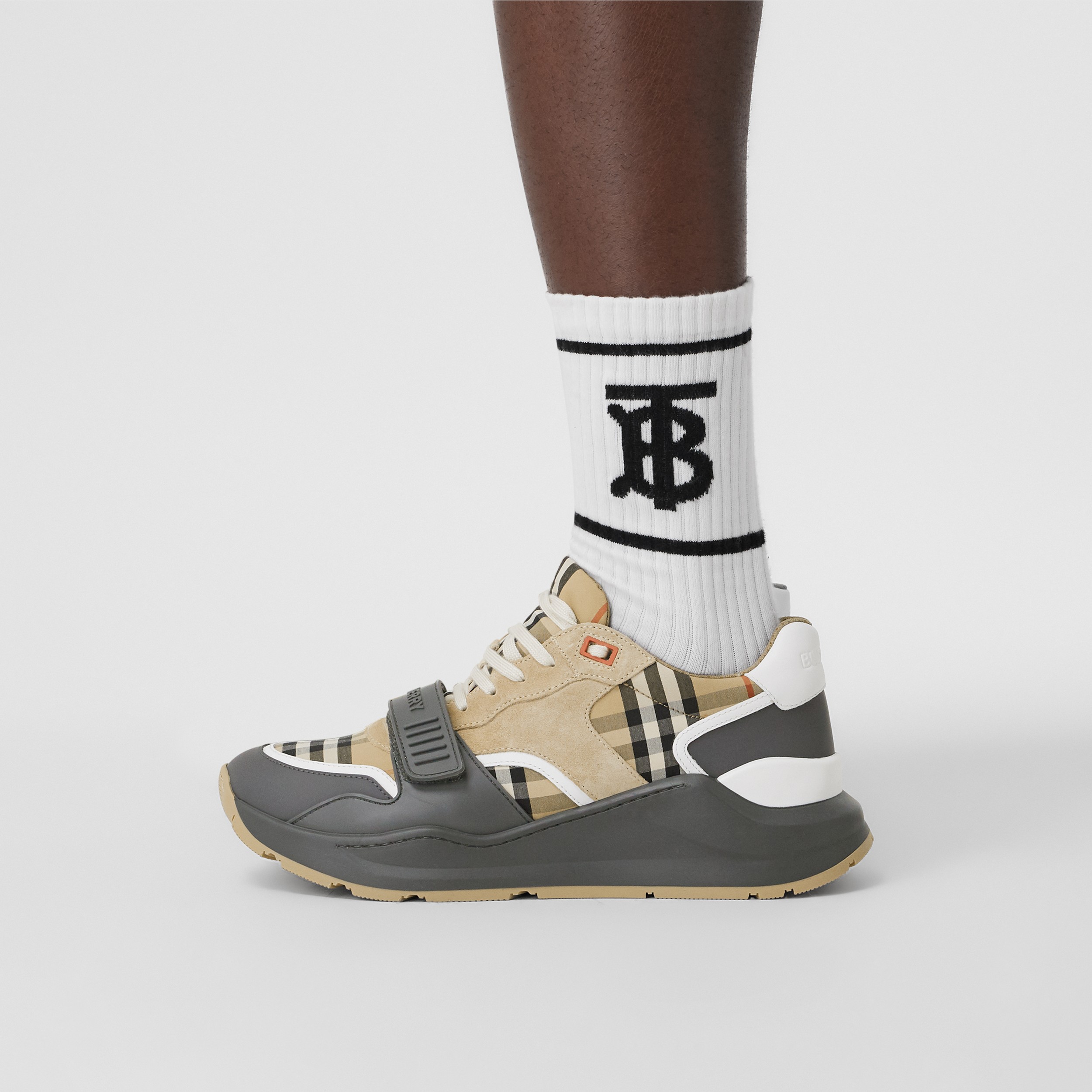 Vintage Check, Suede and Leather Sneakers in Grey/archive Beige | Burberry® Official - 3