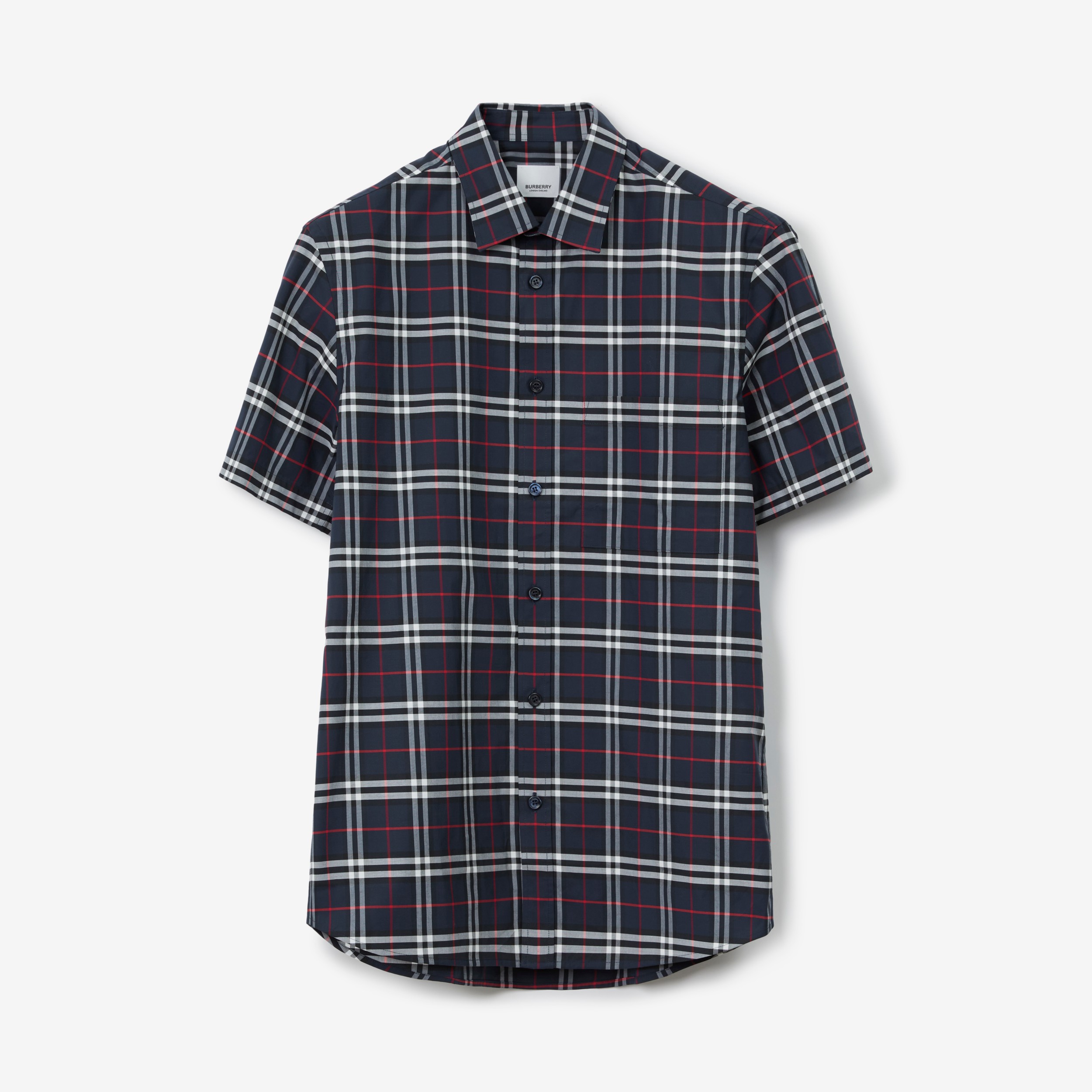 Short-sleeve Check Stretch Cotton Shirt in Navy - Men | Burberry® Official - 1