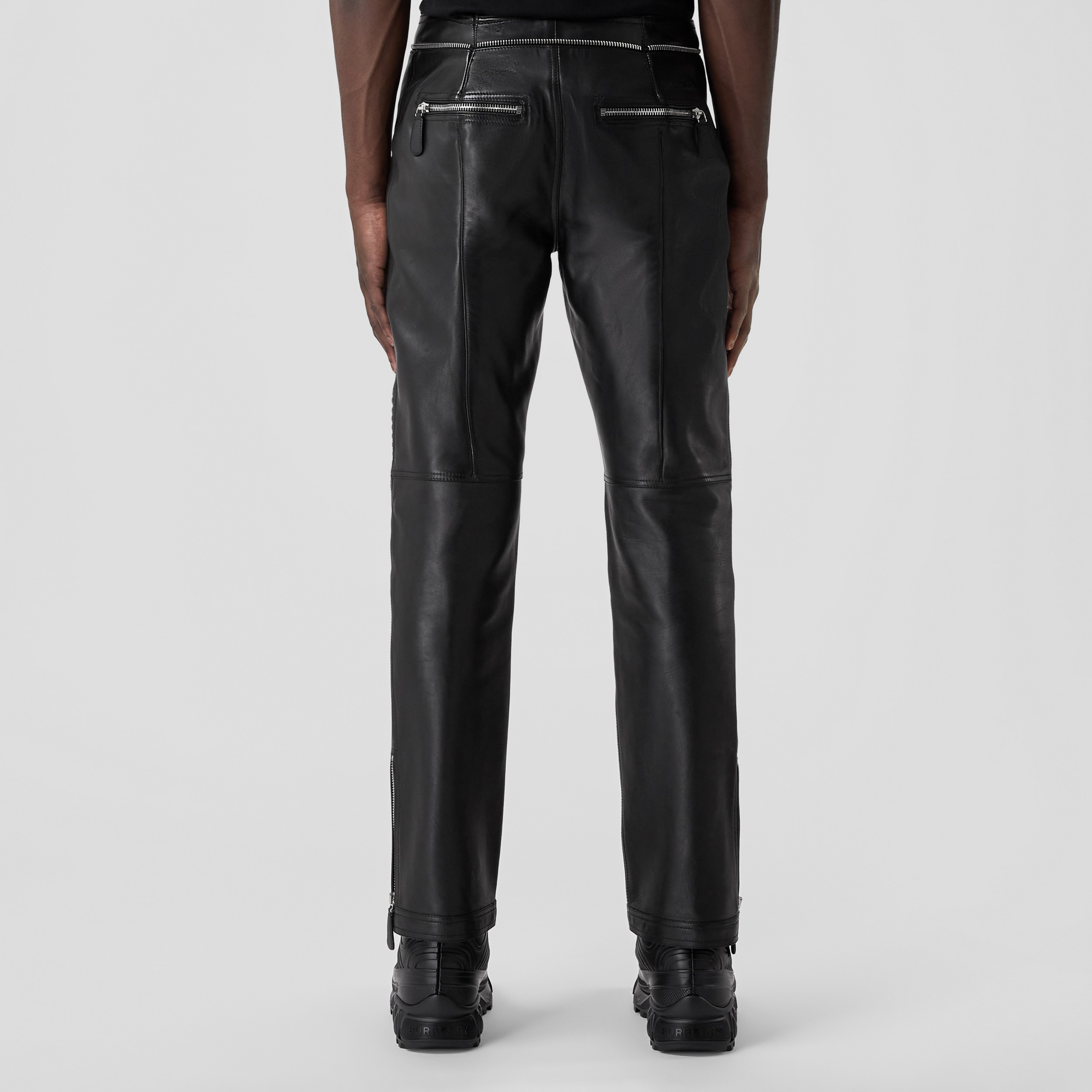 Logo Embossed Quilted Panel Leather Trousers in Black - Men | Burberry® Official - 3