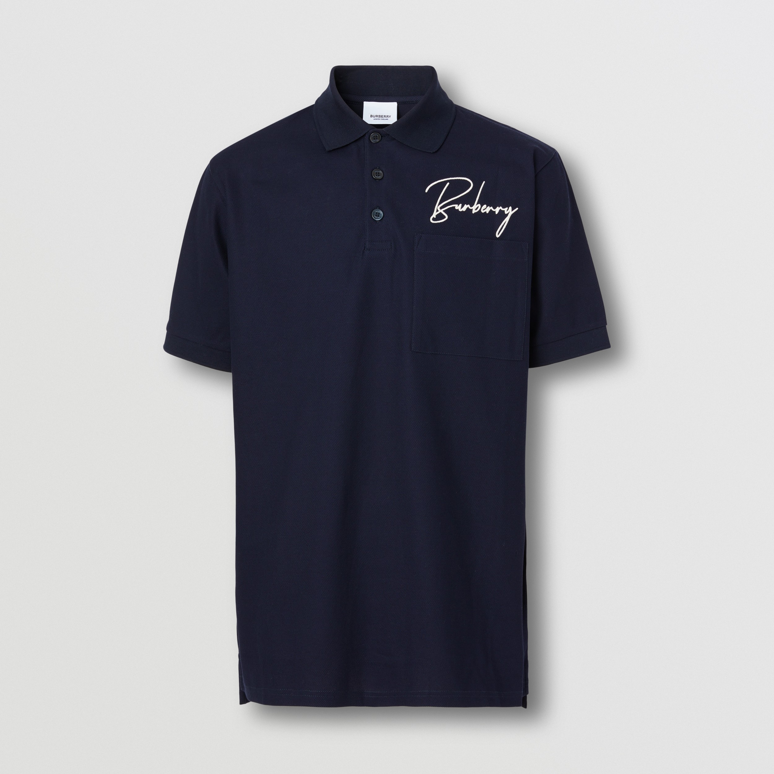 Embroidered Logo Cotton Piqué Oversized Polo Shirt in Coal Blue - Men | Burberry® Official - 4