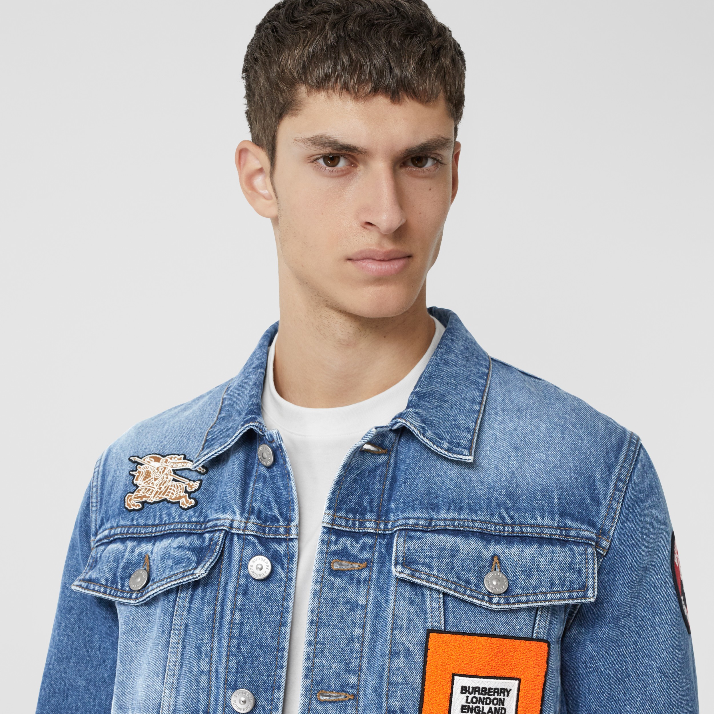 Logo Graphic Appliqué Denim Jacket in Light Indigo Blue - Men ...