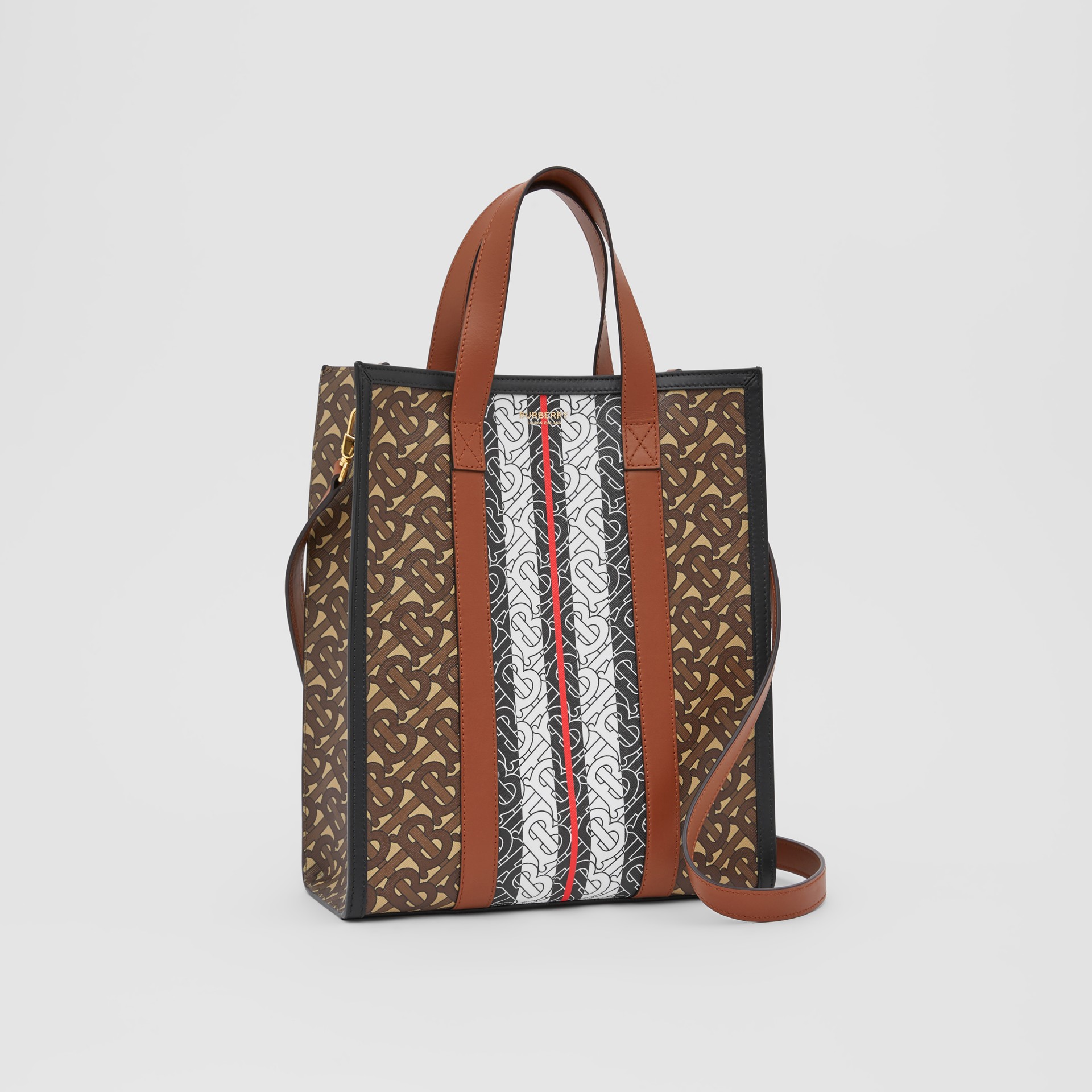 Small Monogram Stripe E-canvas Portrait Tote Bag in Bridle Brown - Women | Burberry United States