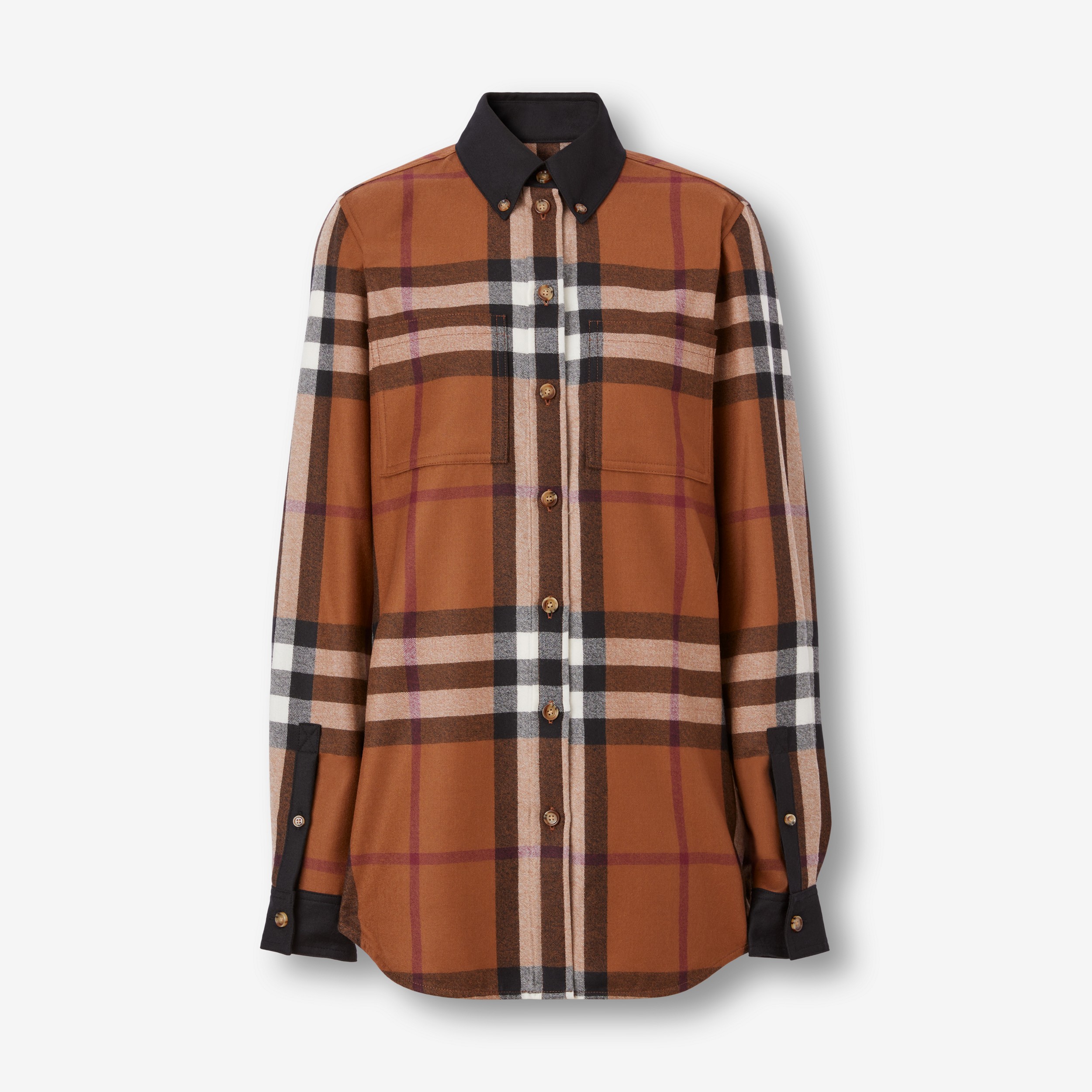 Contrast Trim Exaggerated Check Wool Shirt in Dark Birch Brown - Women | Burberry® Official - 1