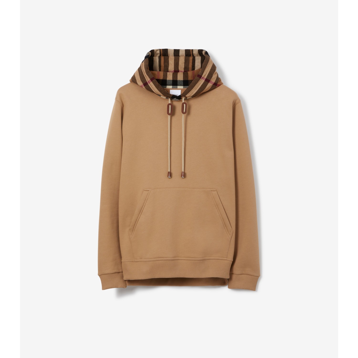 Check Trim Cotton Blend Hoodie in Camel Men Burberry Official