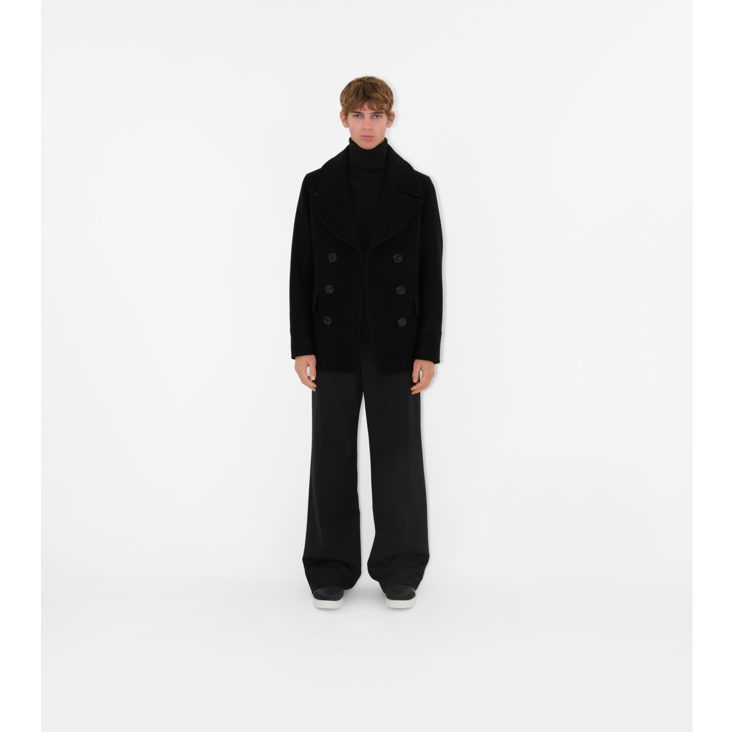 Wool Blend Pea Coat in Black - Men