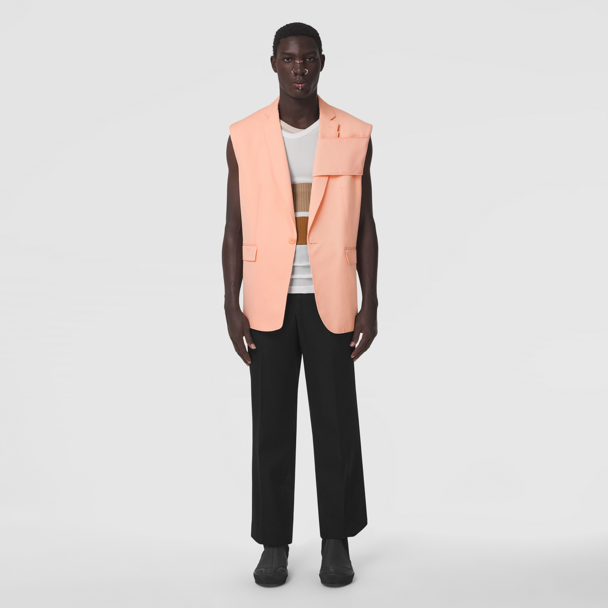 Panel Detail Sleeveless Wool Tailored Jacket in Peach Pink - Men | Burberry® Official - 1