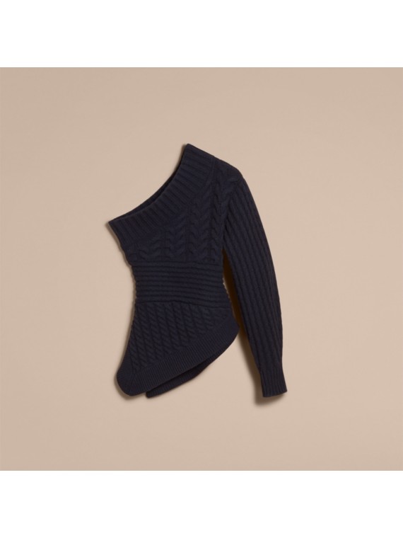 Oneshoulder Cable Knit Cashmere Sweater in Navy Women Burberry