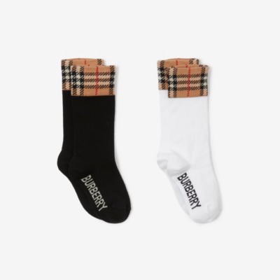 Burberry Childrens Check Panel Cotton Blend Socks Set In Black/white