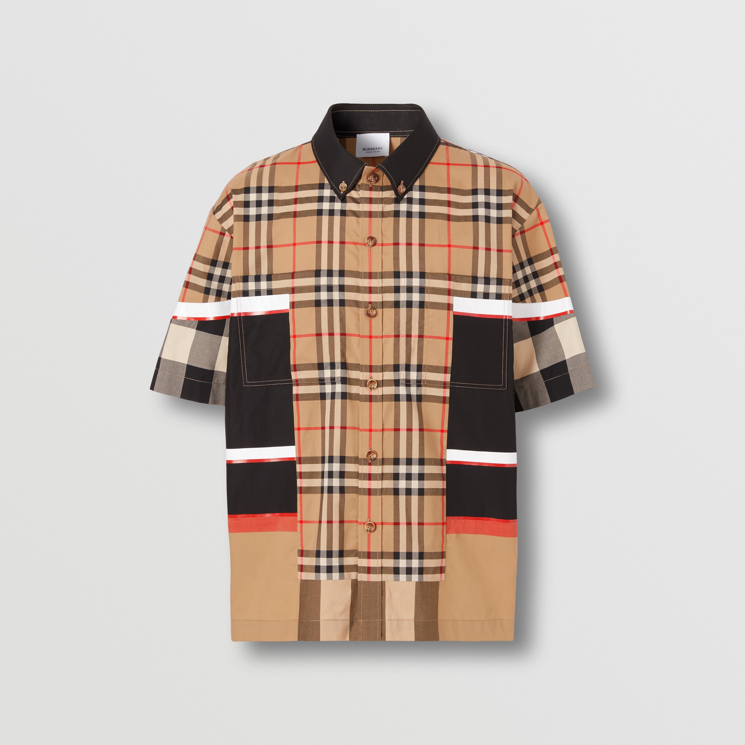 Camisa de mangas curtas de algodão com patchwork em xadrez (Bege Clássico) - Homens | Burberry® oficial - 4