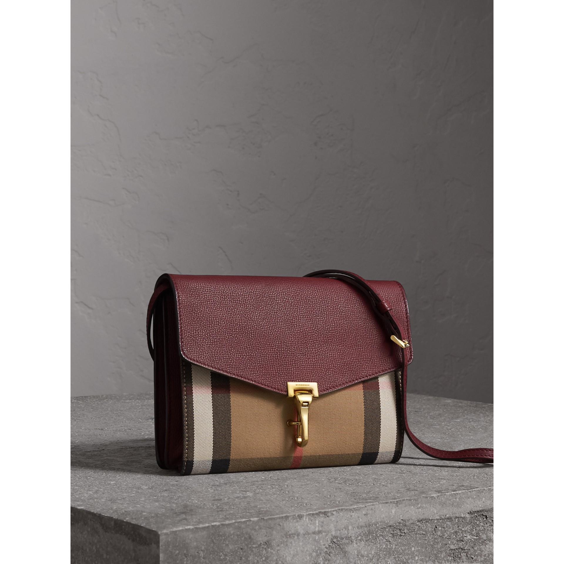 Small Leather and House Check Crossbody Bag in Mahogany Red Women Burberry United Kingdom