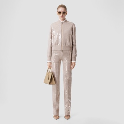 Burberry Sequinned Cashmere Cotton Blend Trousers In Beige Melange