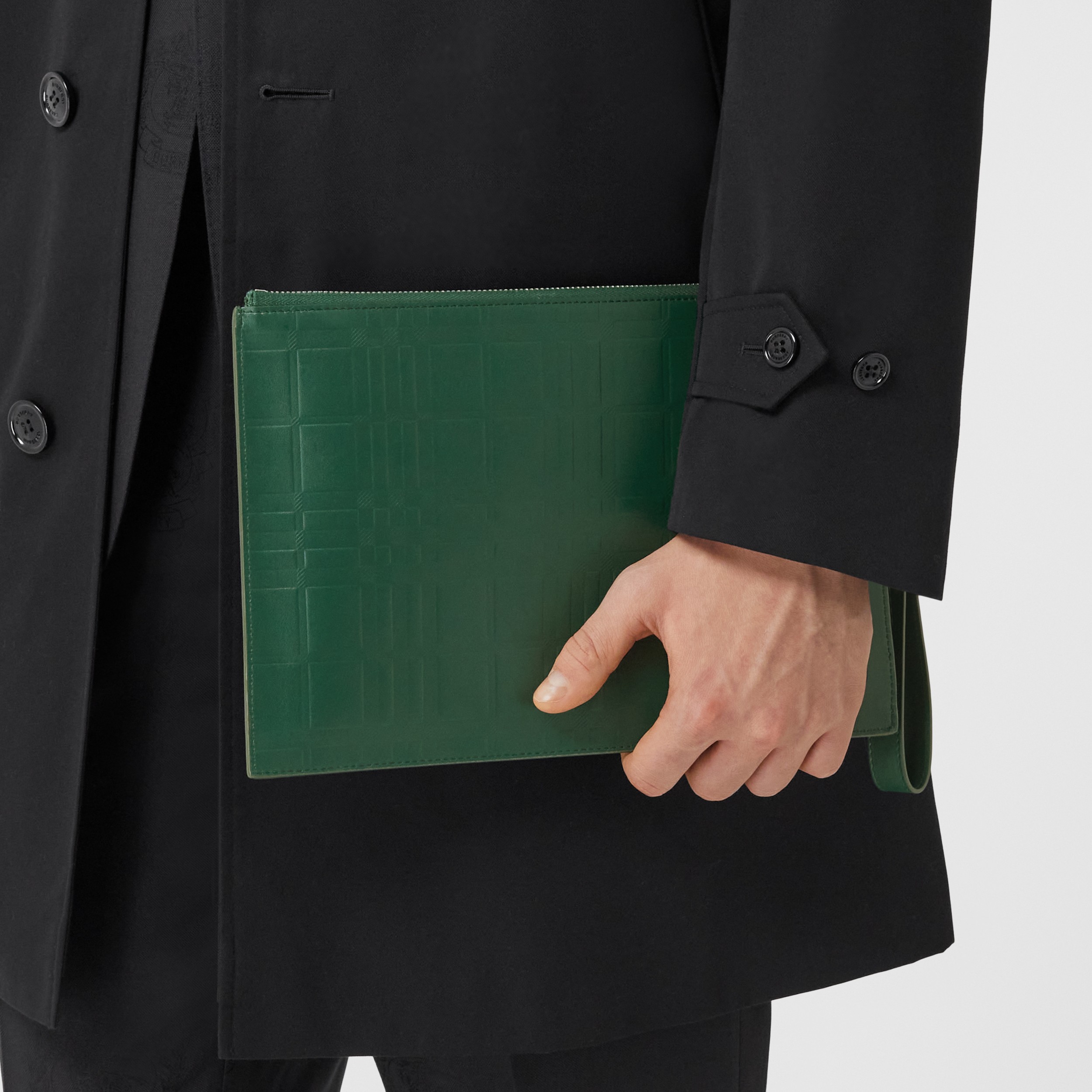Embossed Check Leather Large Zip Pouch in Dark Viridian Green - Men | Burberry® Official - 3