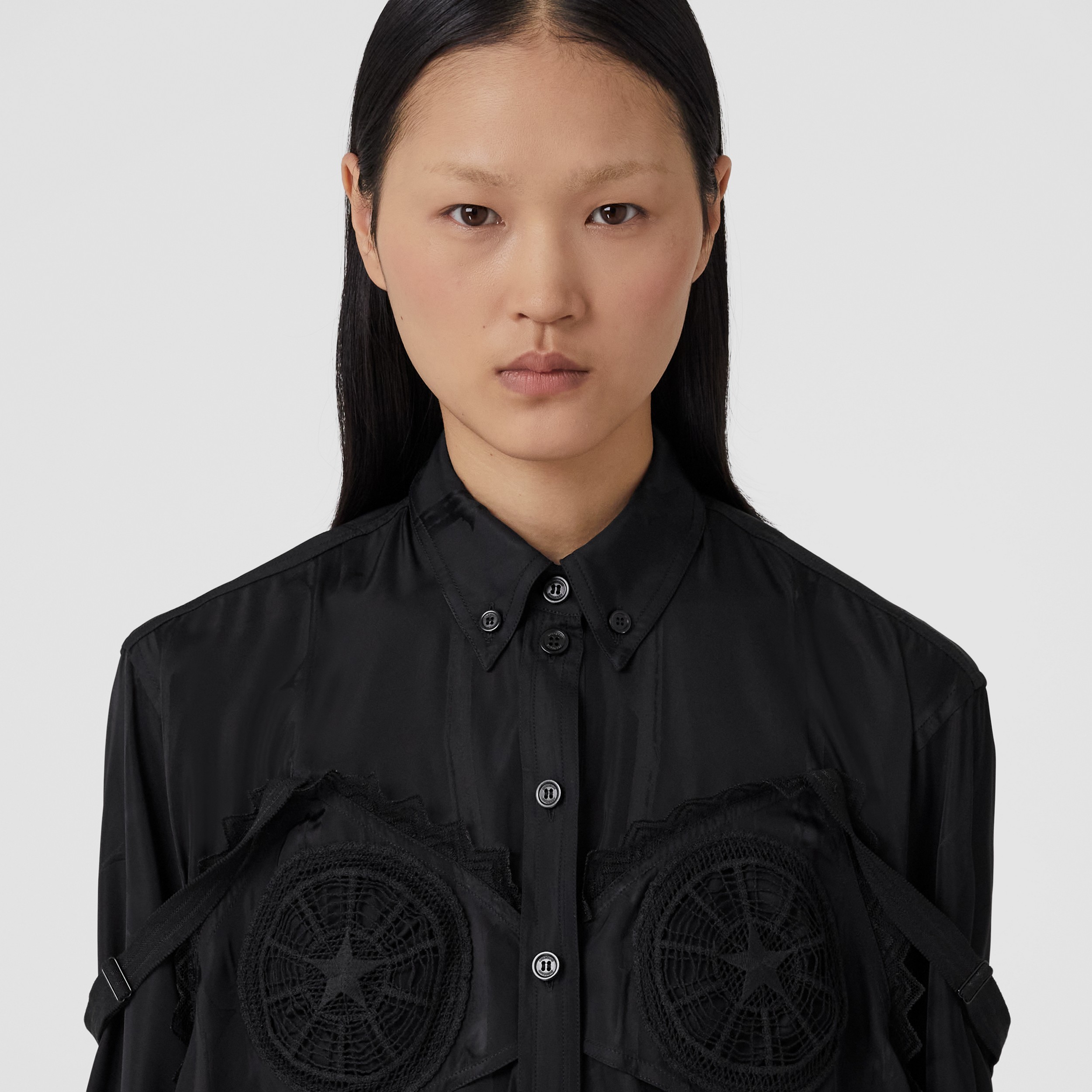 荆棘装饰粘胶纤维丝质提花重塑版型衬衫 (黑色) - 女士 | Burberry® 博柏利官网 - 2