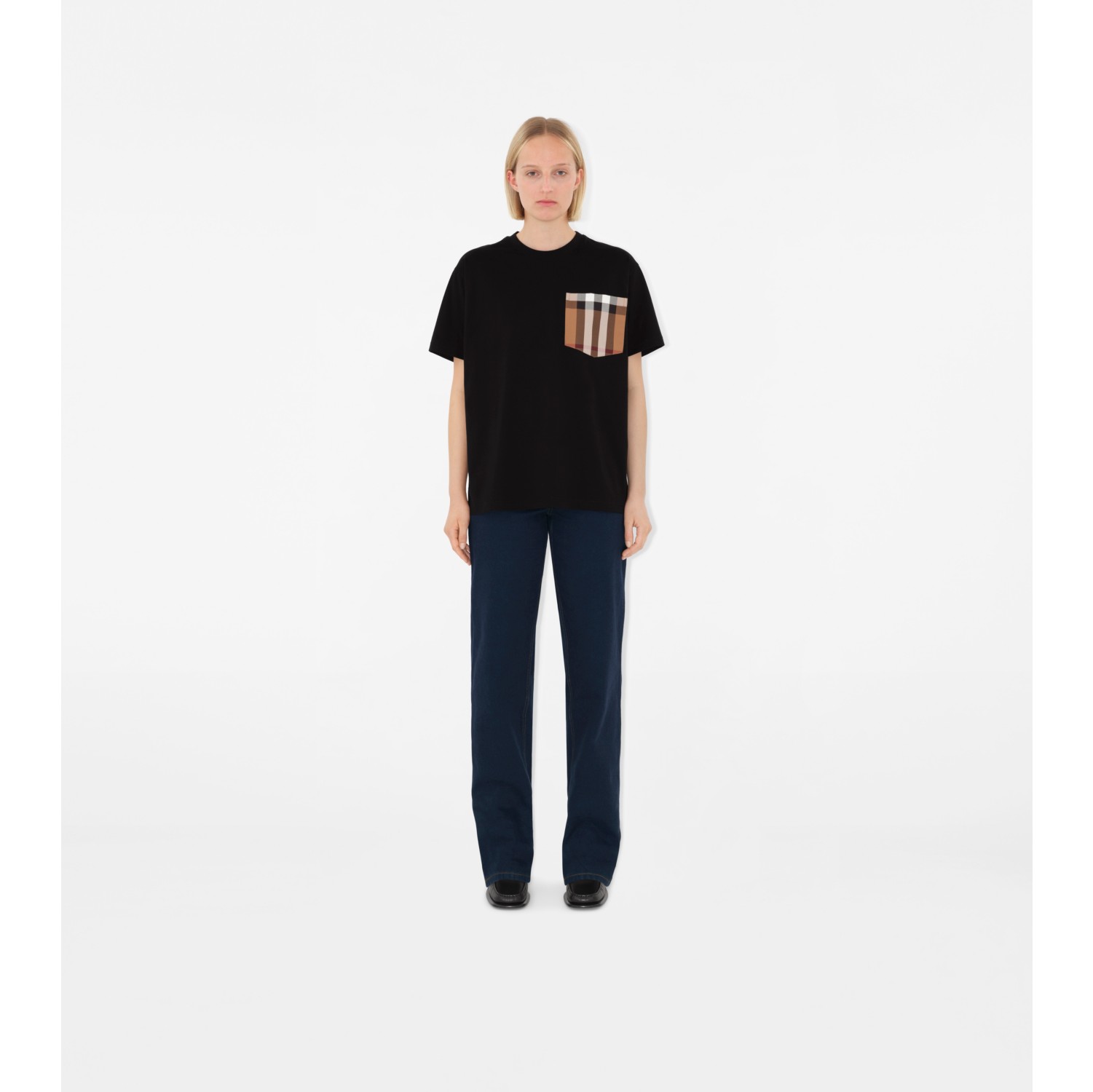 Check Pocket Cotton T shirt in Black Women Burberry Official